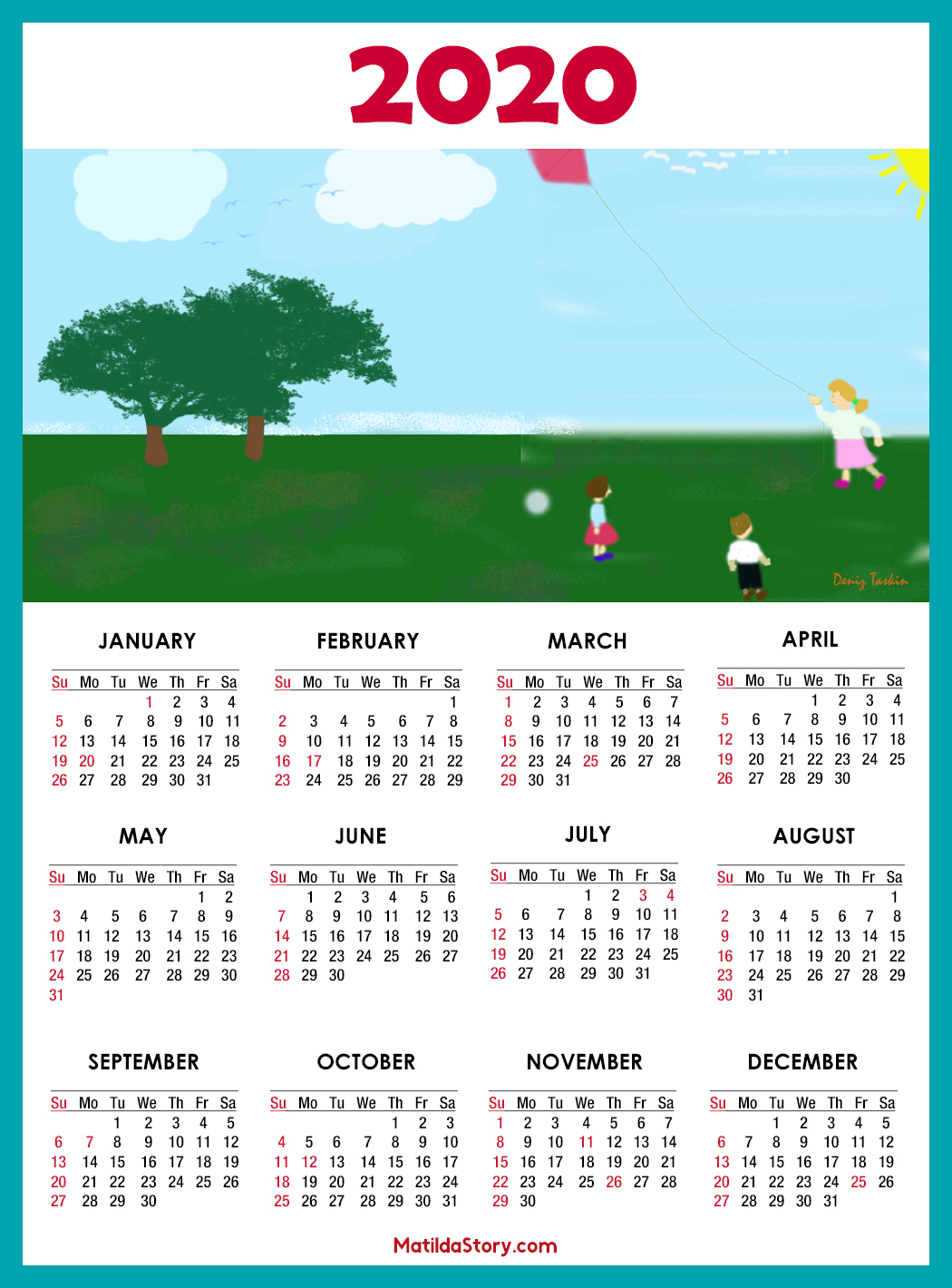 Calendar 2020 Printable With Us Holidays – Sunday Start