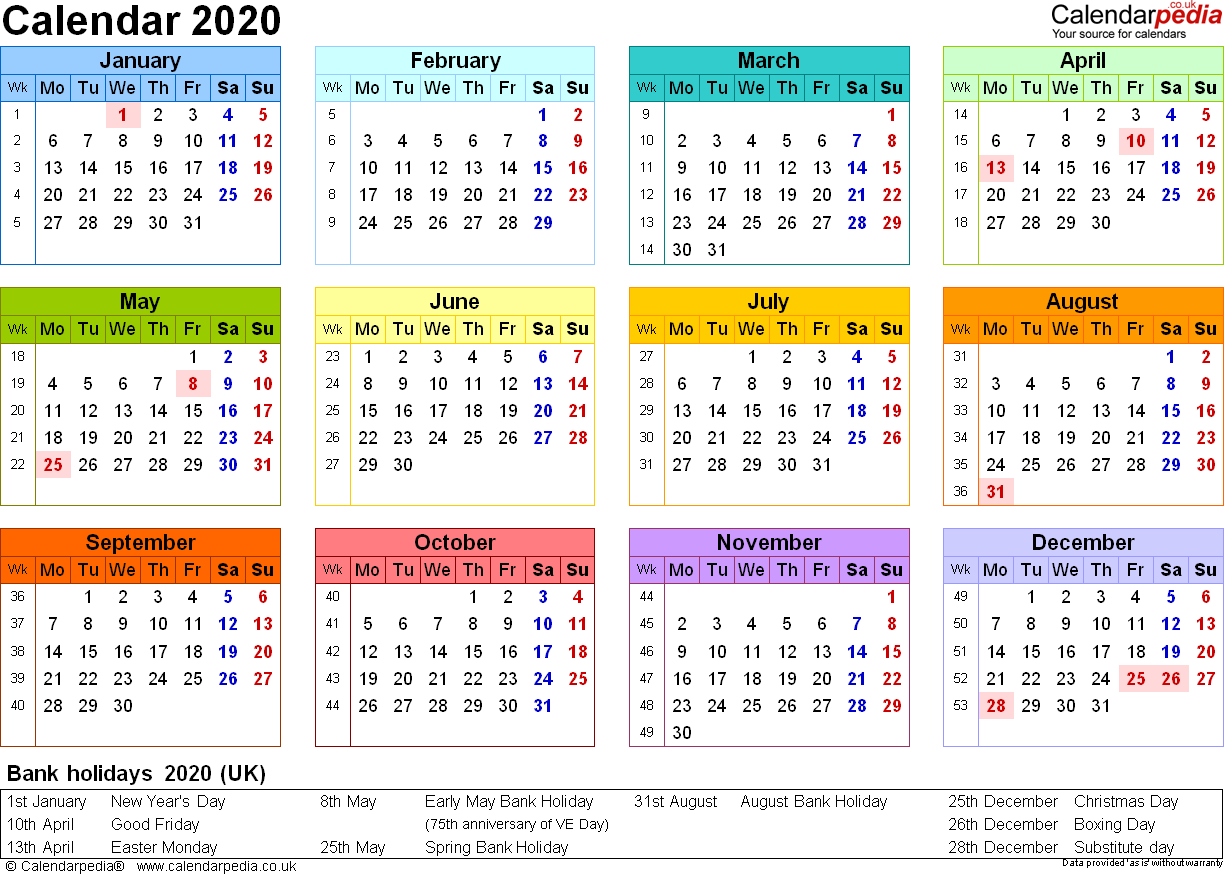 Calendar 2020 (Uk) - 16 Free Printable Pdf Templates