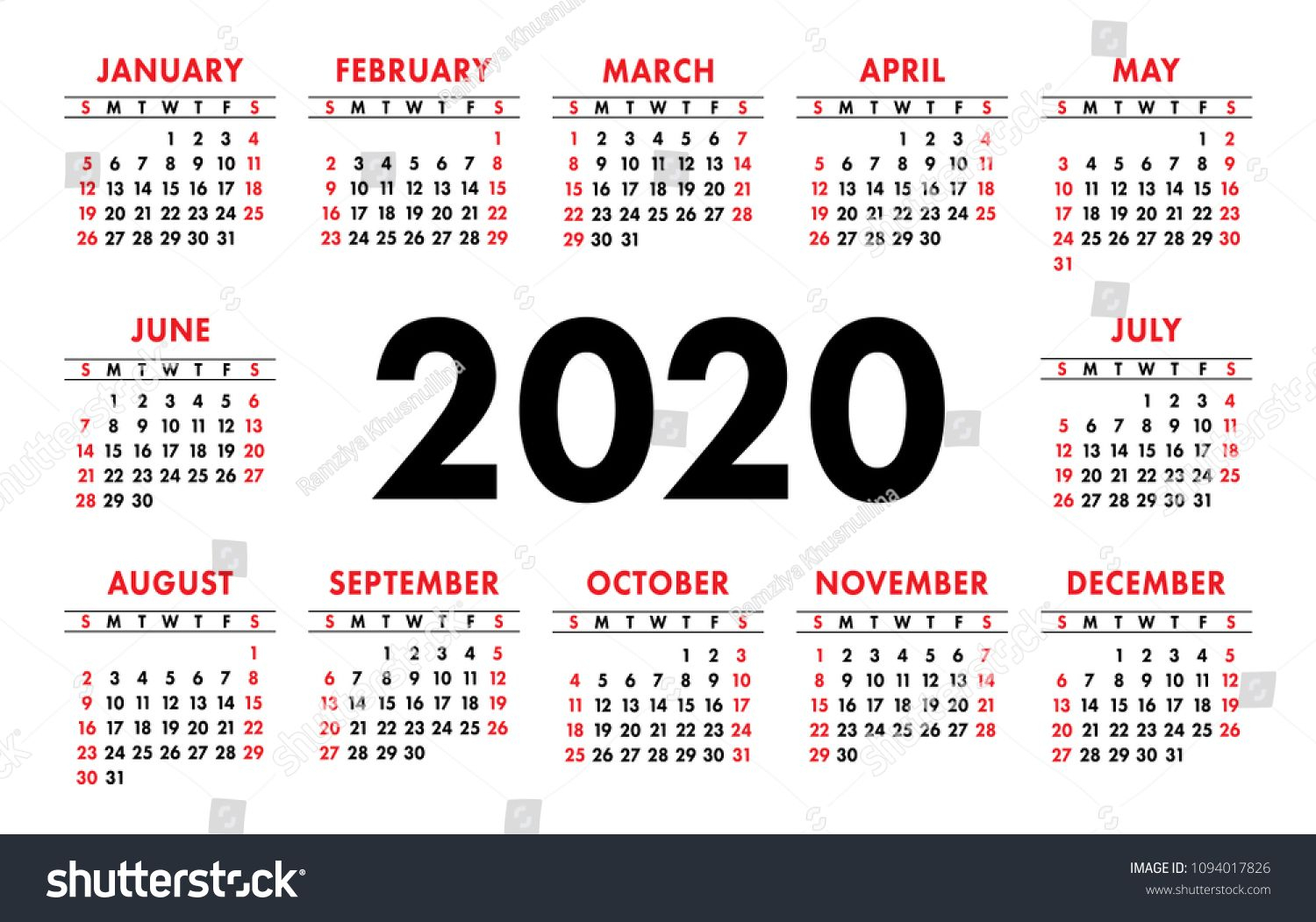 Calendar 2020 Vector Basic Grid. Simple Design Template