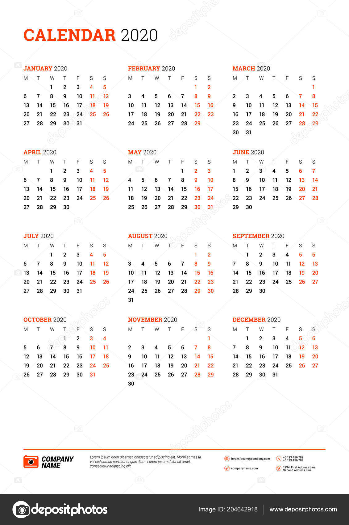 Calendar 2020 Year Week Starts Monday Printable Vector