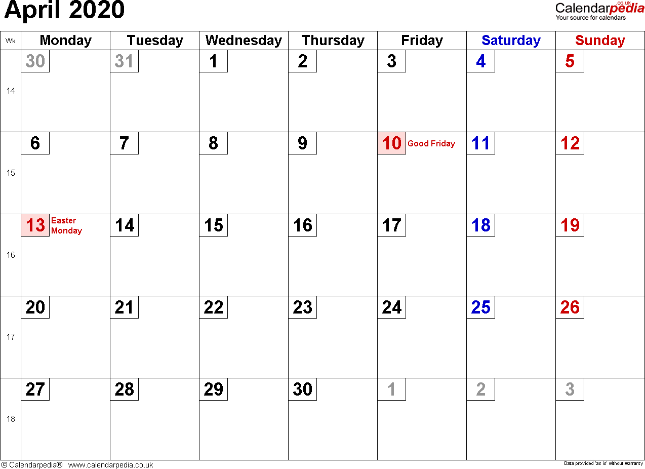 Calendar April 2020 Uk, Bank Holidays, Excel/pdf/word Templates