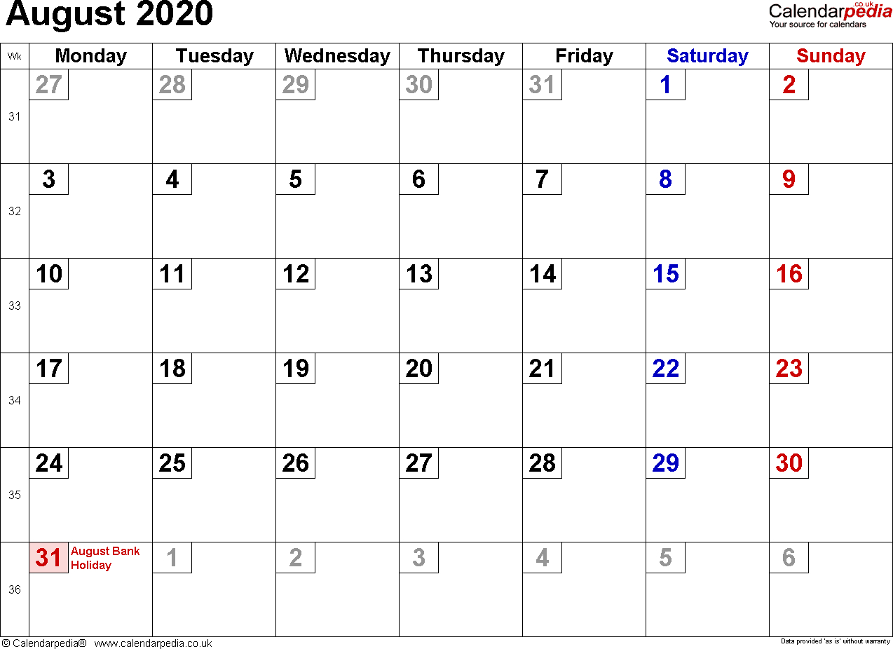 Calendar August 2020 Uk, Bank Holidays, Excel/pdf/word Templates