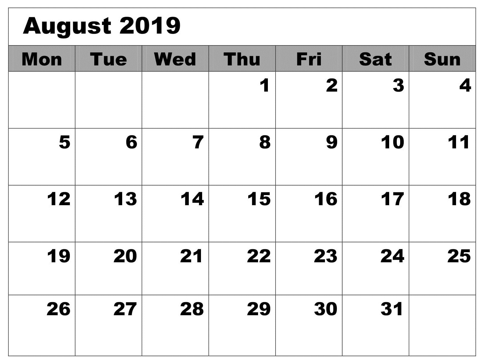 Calendar Blank August 2019 Editable | Calendar August 2019