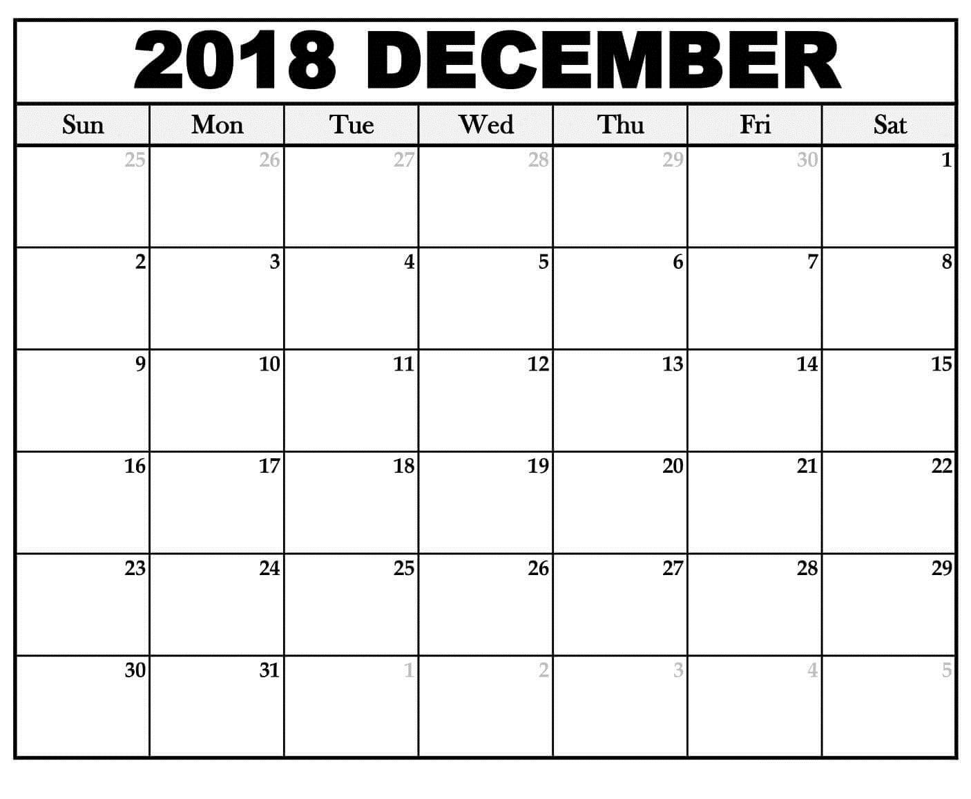 Calendar December 2018 Editable Template | Printable