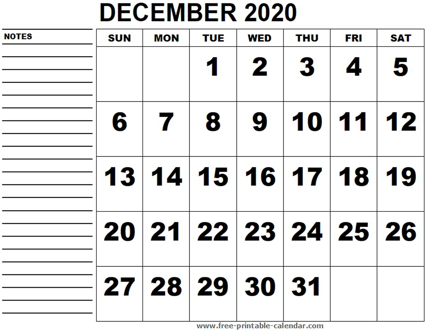 Calendar December 2020 Printable