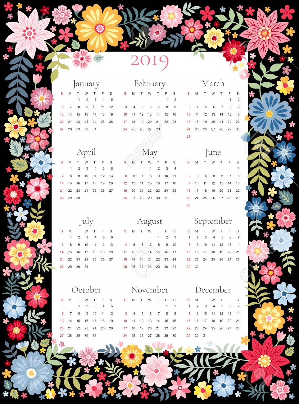 Calendar For 2019 Year. Vector Template In Floral Frame With..