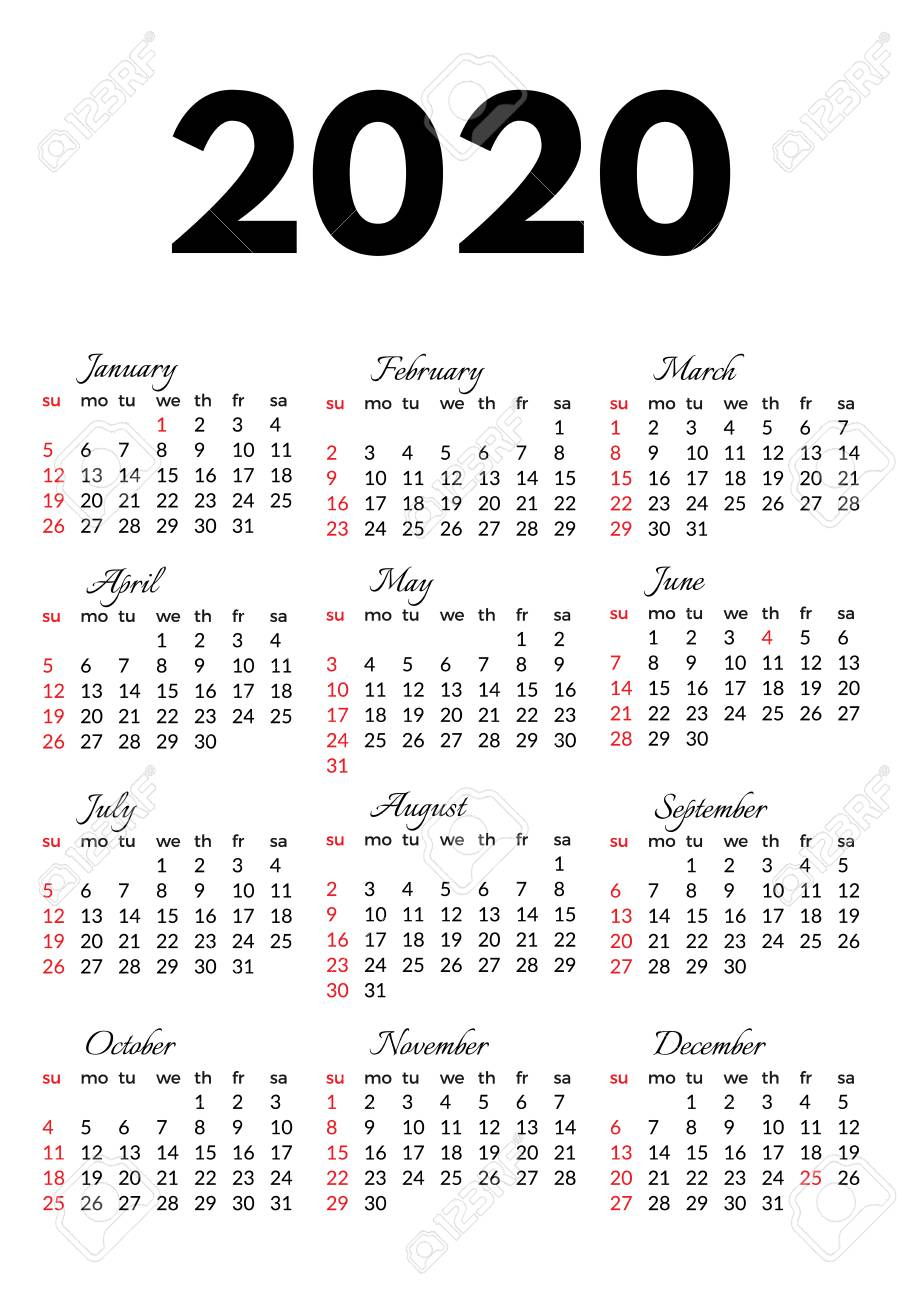 Calendar For 2020 Isolated On A White Background. Sunday To Monday,..
