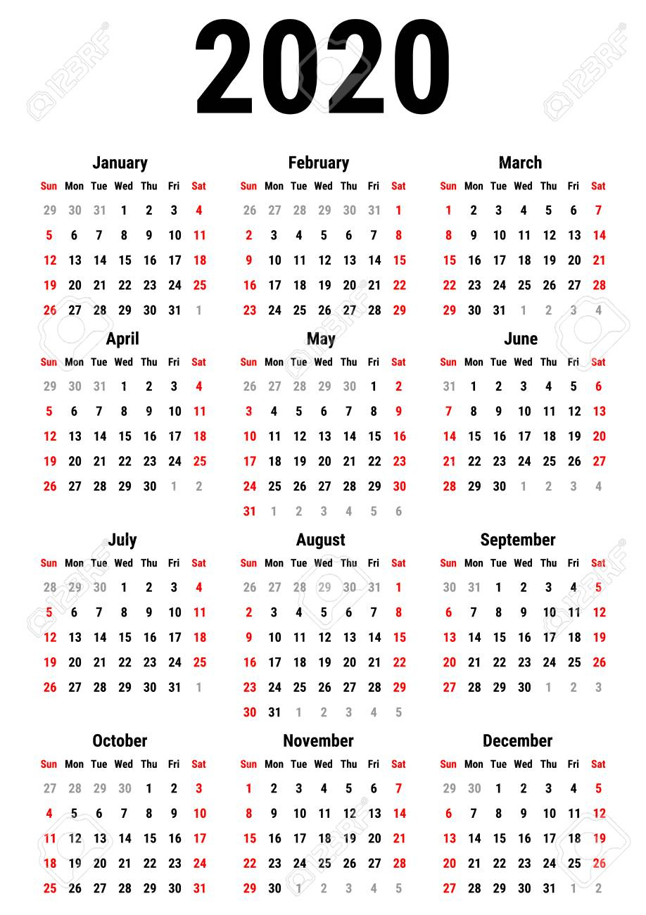 Calendar For 2020 Year On White Background. Week Starts Sunday
