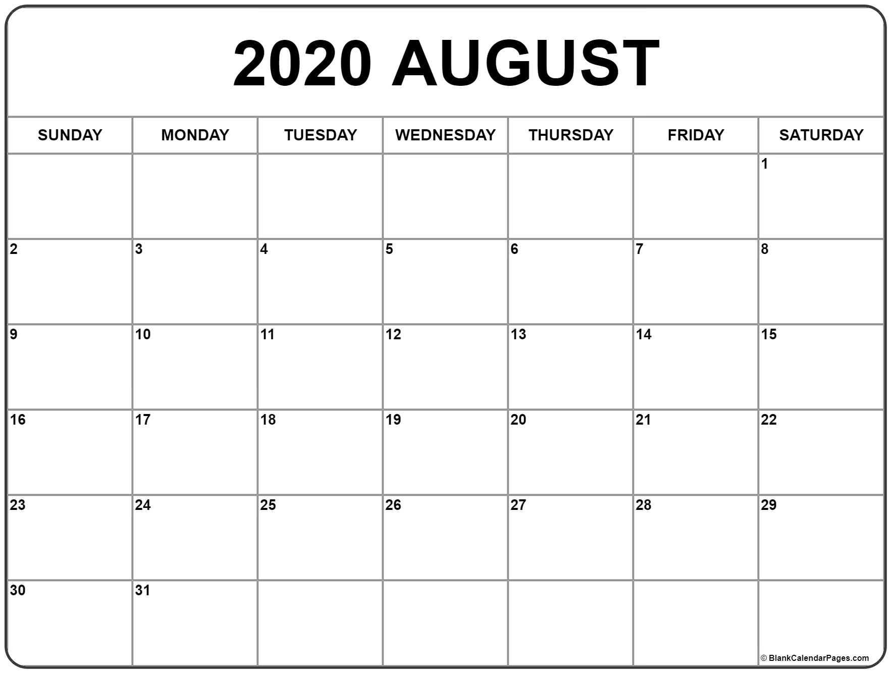 Calendar For August 2020