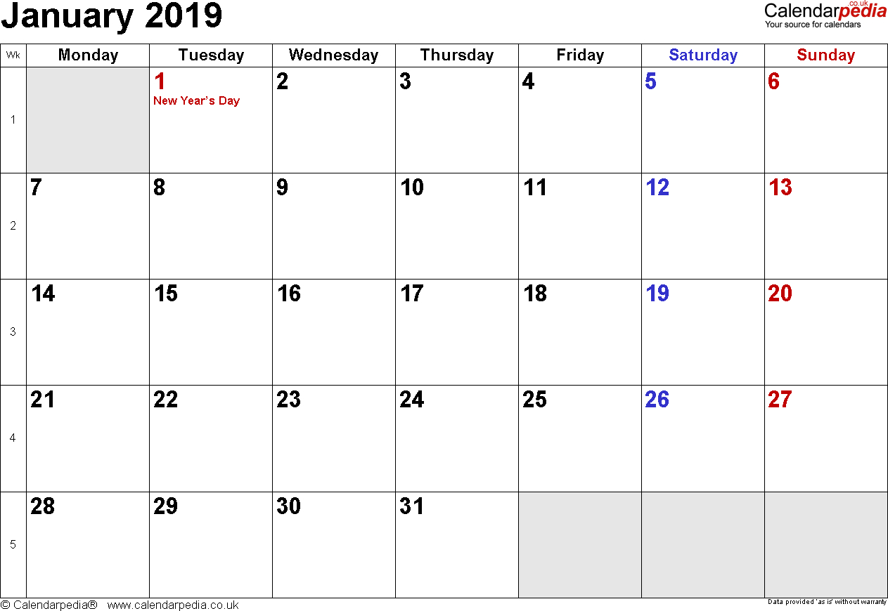 Calendar January 2019 Uk, Bank Holidays, Excel/pdf/word