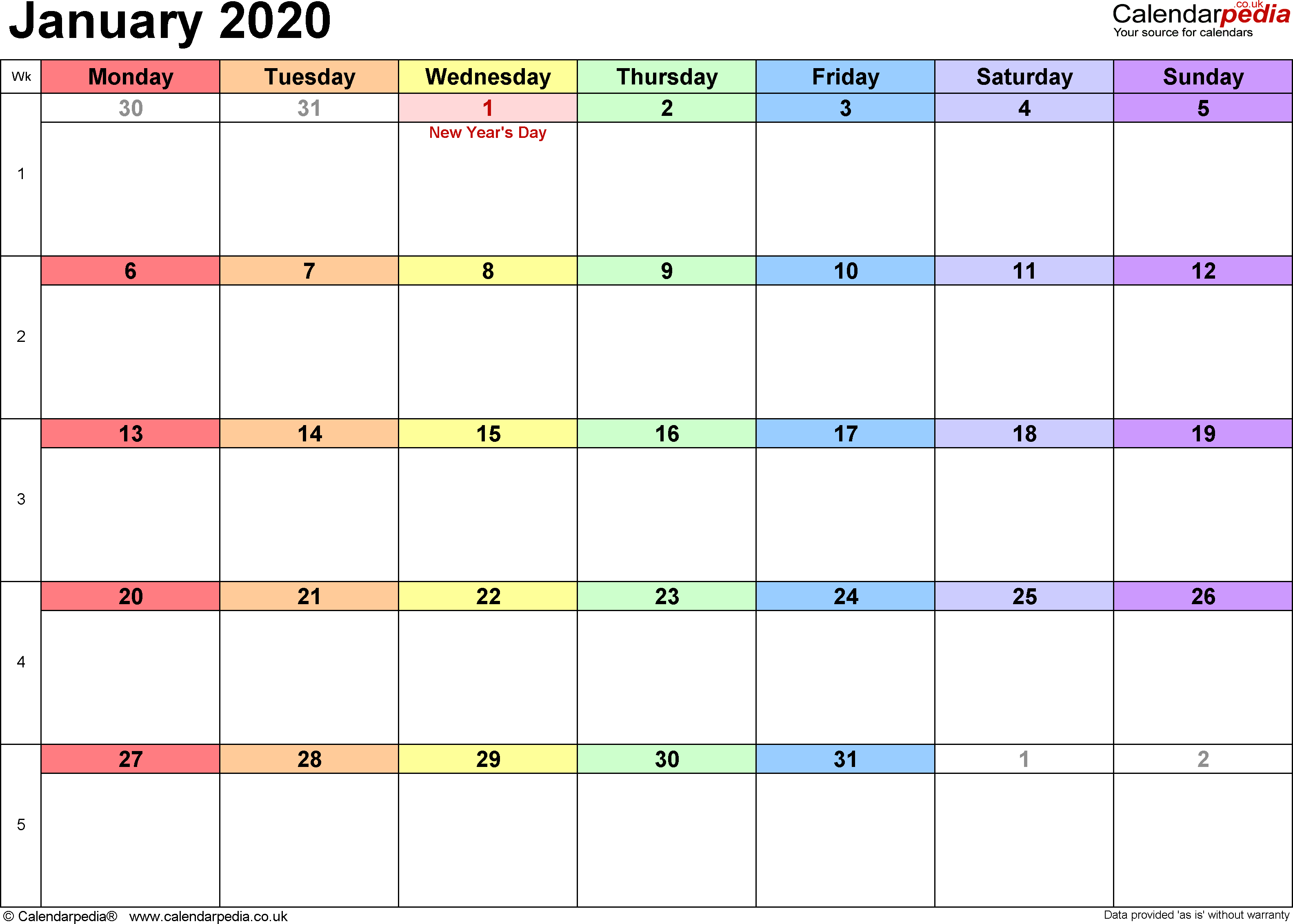 Calendar January 2020 Uk, Bank Holidays, Excel/pdf/word
