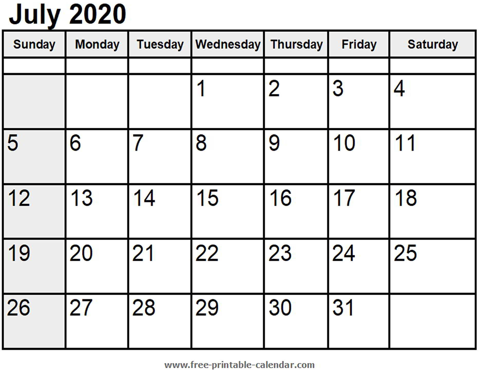 Calendar July 2020 - Free-Printable-Calendar
