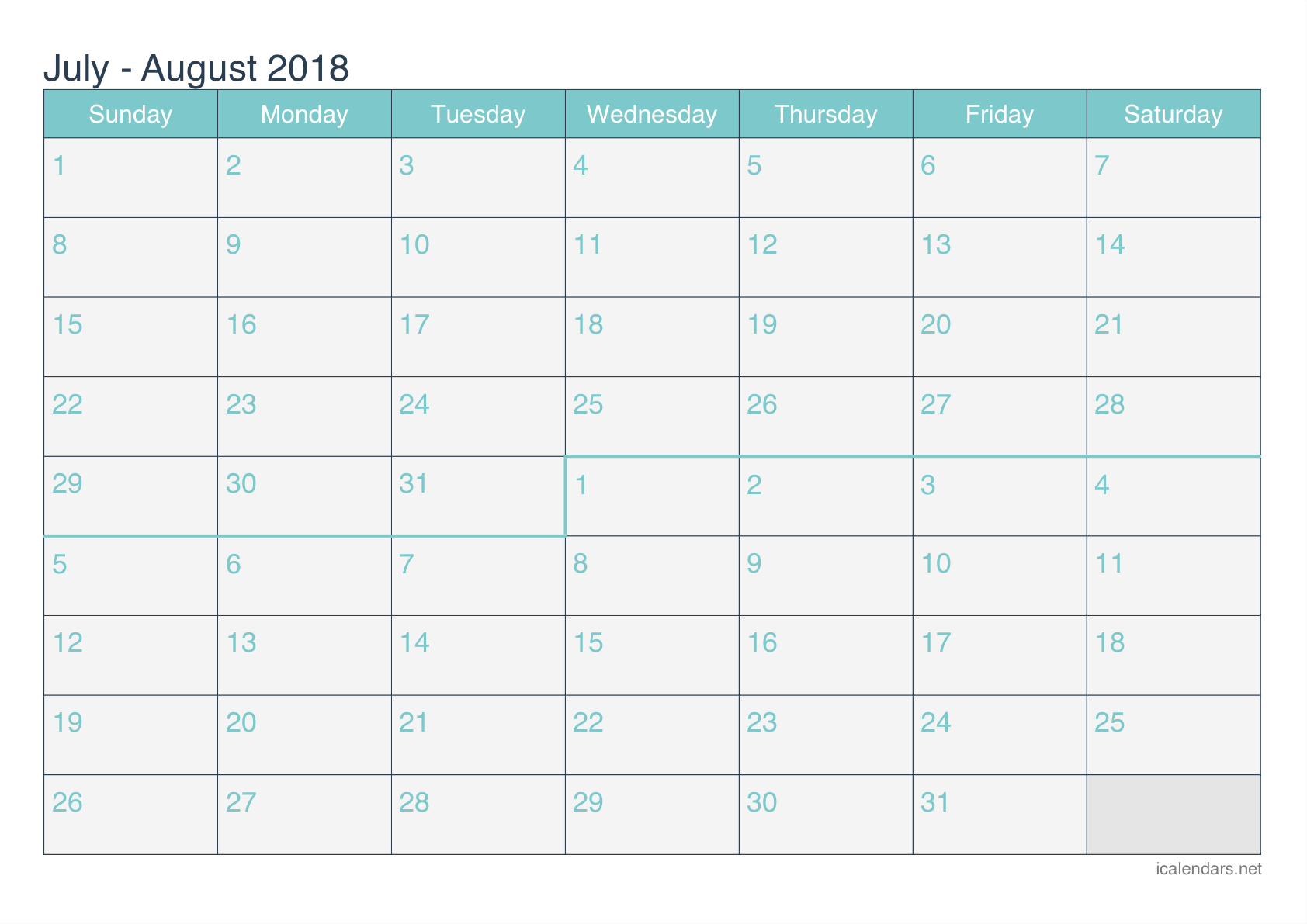 Calendar July August 2018 Printable Template Free Download