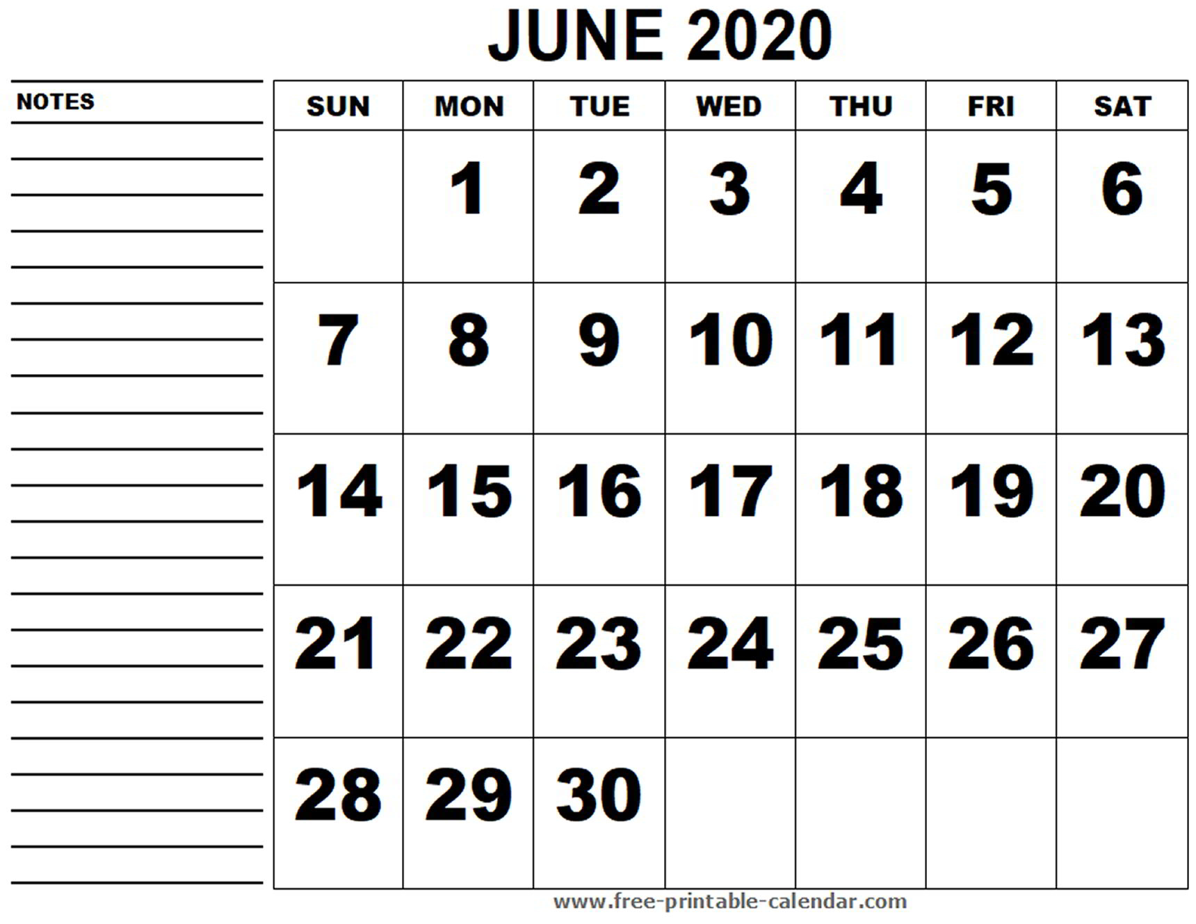 Calendar June 2020 Printable