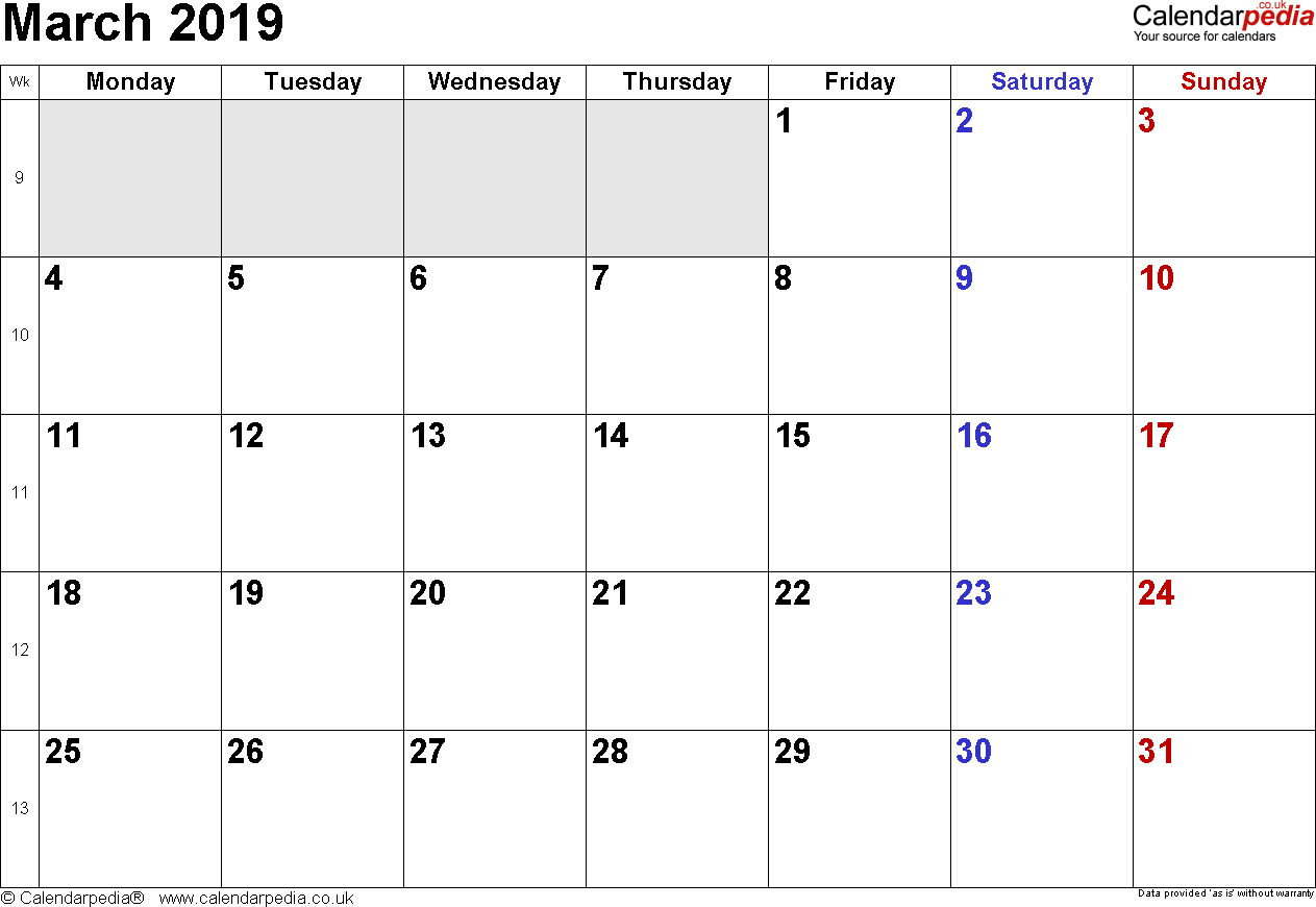 Calendar March 2019 Uk, Bank Holidays, Excel/pdf/word Templates