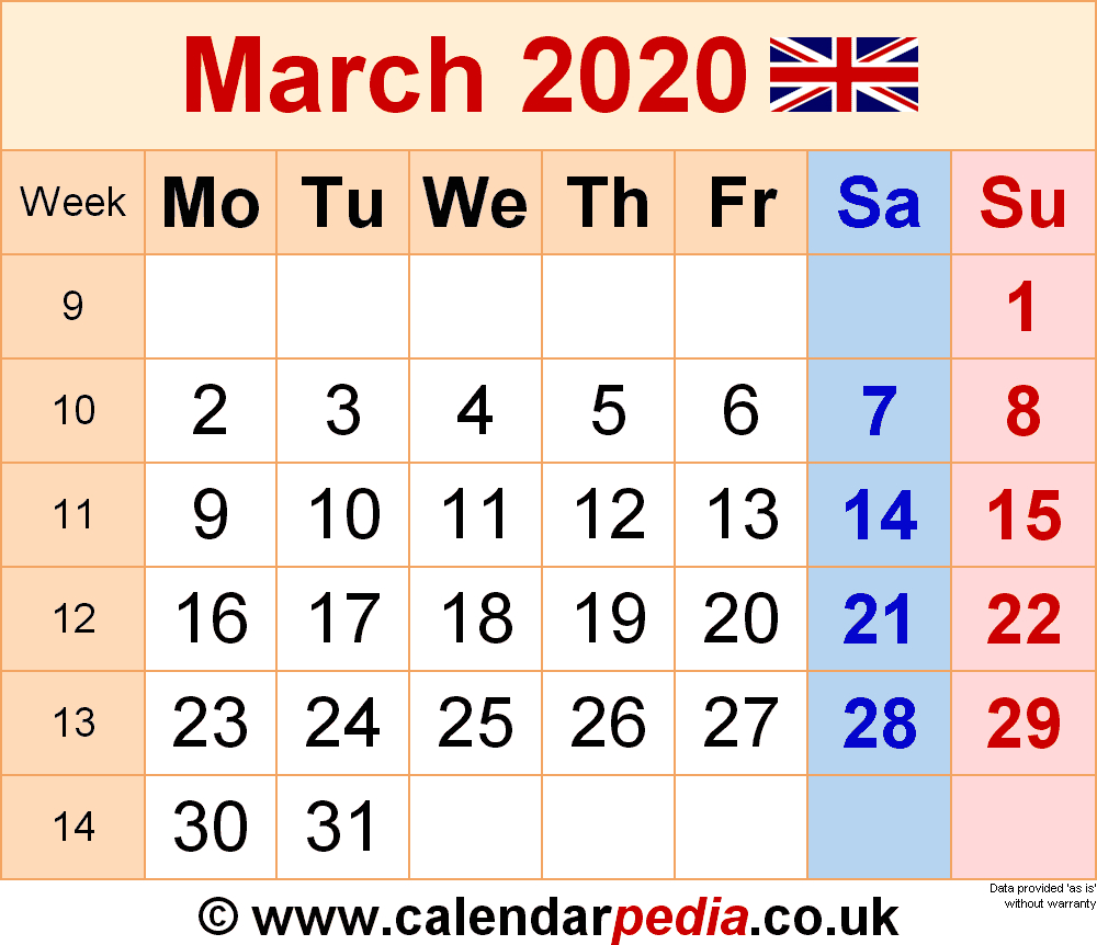 Calendar March 2020 Uk, Bank Holidays, Excel/pdf/word Templates