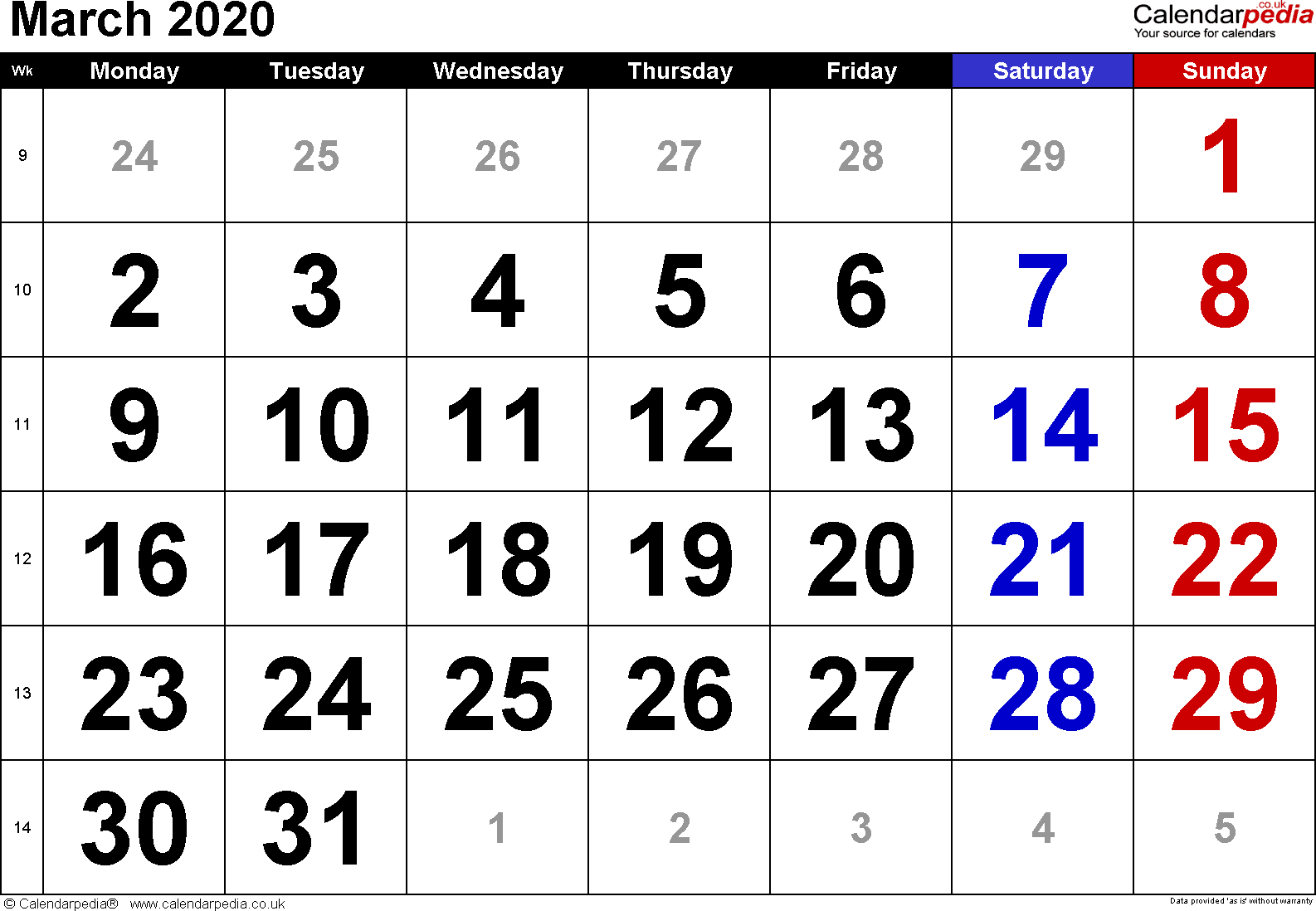 Calendar March 2020 Uk, Bank Holidays, Excel/pdf/word Templates