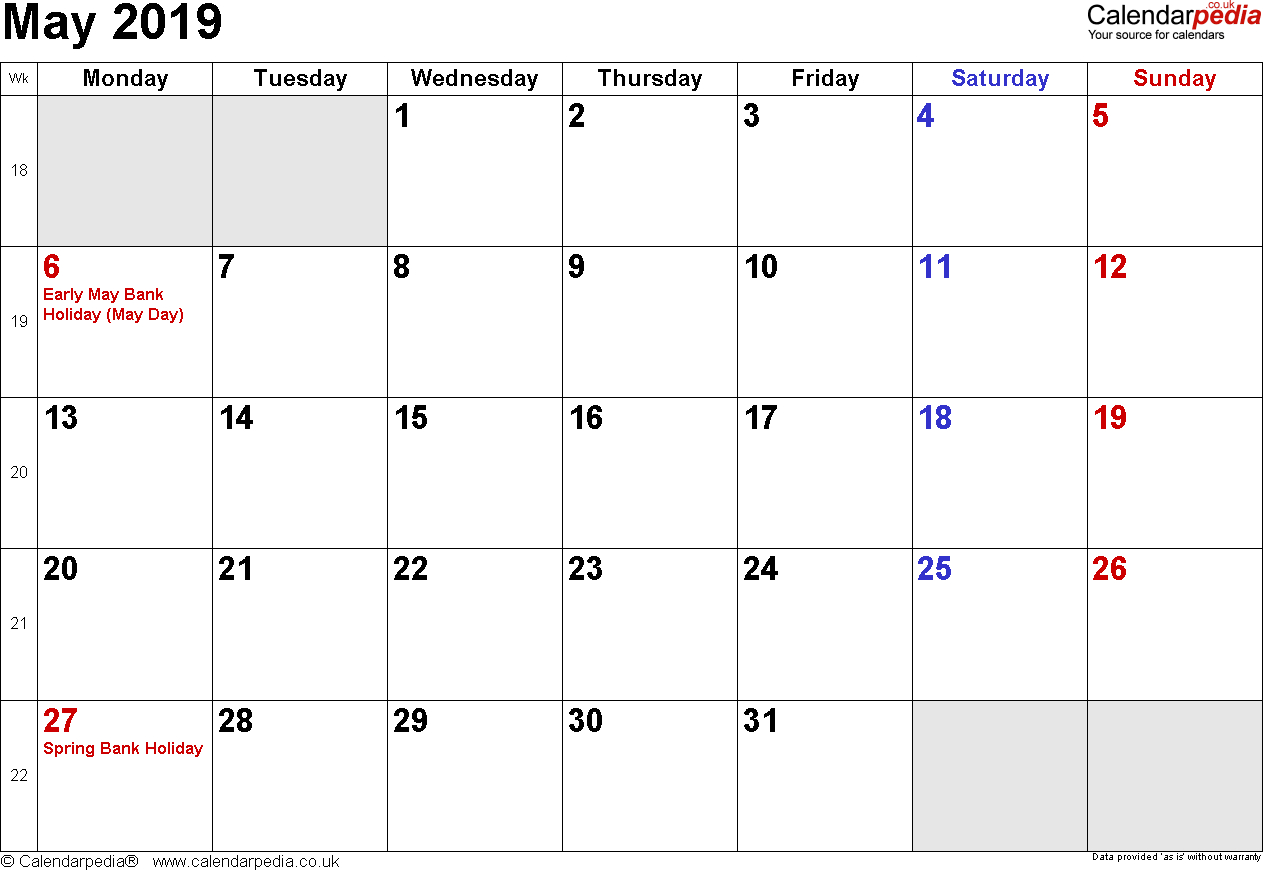 Calendar May 2019 Uk, Bank Holidays, Excel/pdf/word Templates