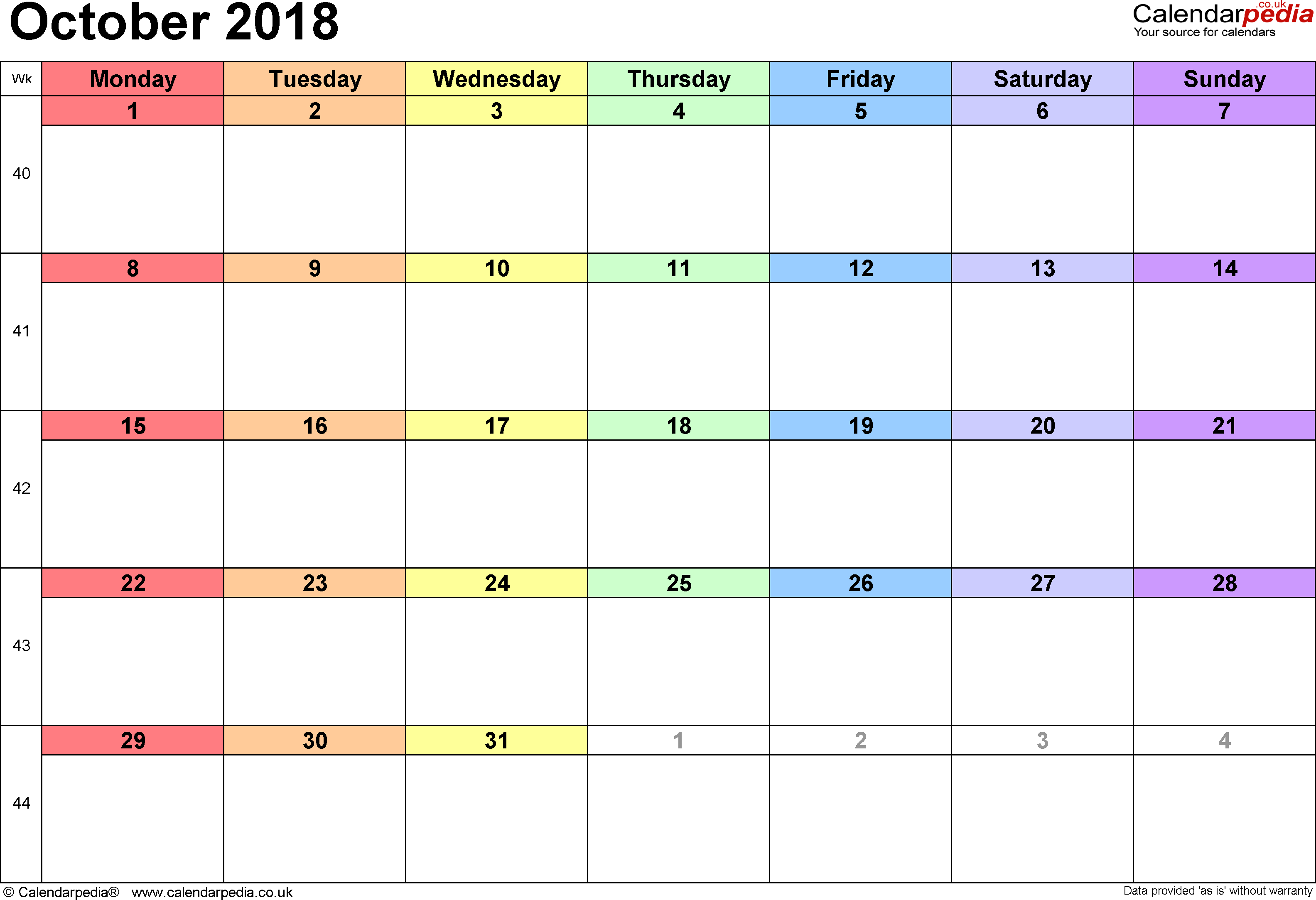 Calendar October 2018 Uk, Bank Holidays, Excel/pdf/word