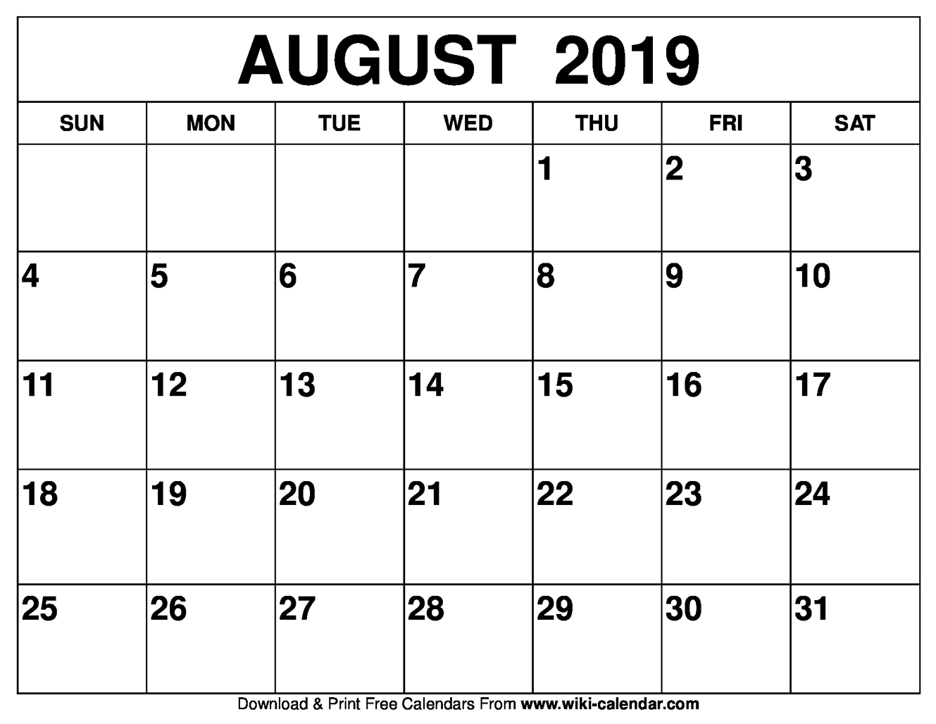 Calendar Of August 2019 Printable Monthly Template - Free