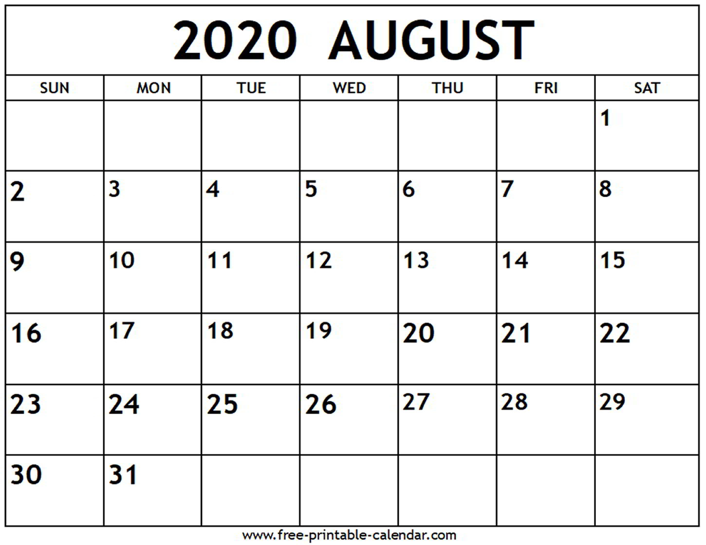 Calendar Of August 2020