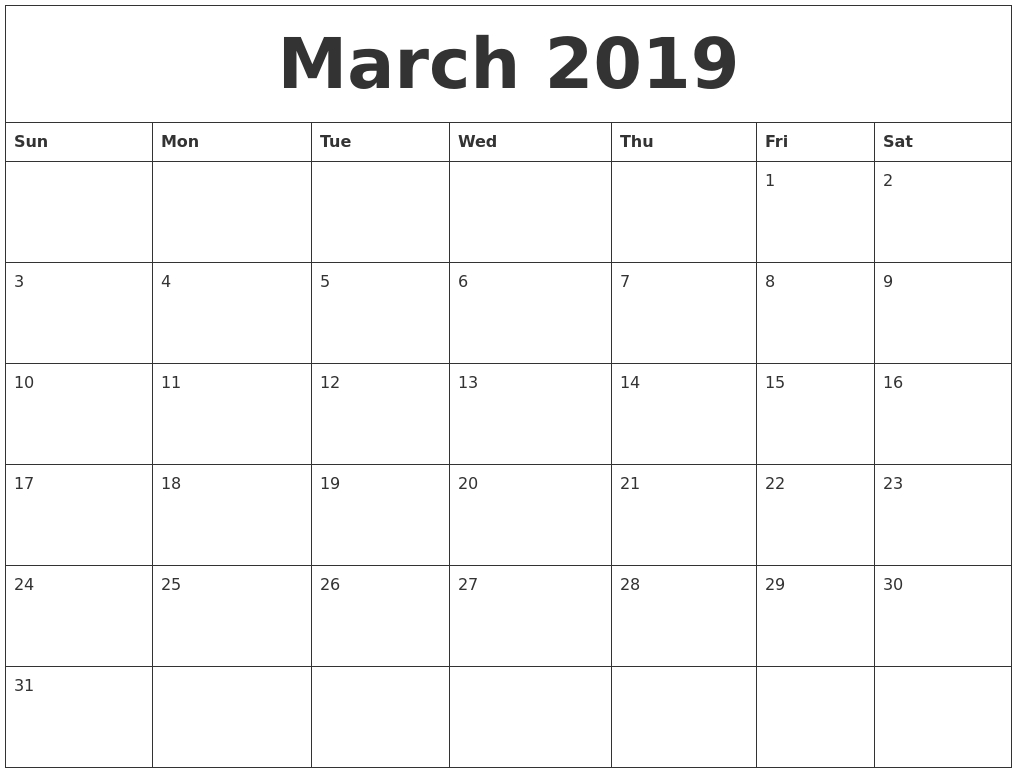 Calendar Of March 2019 Pdf | Free March 2019 Calendar