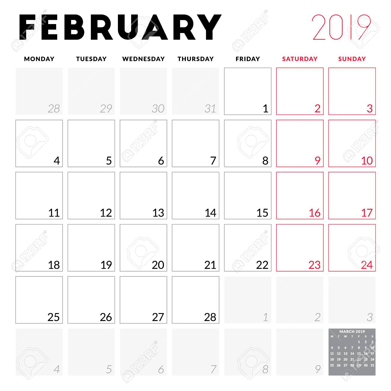 Calendar Planner For February 2019. Week Starts On Monday. Printable..