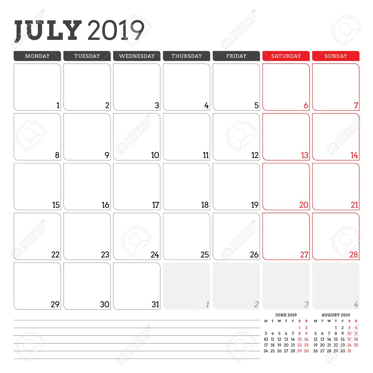 Calendar Planner For July 2019. Week Starts On Monday. Printable..