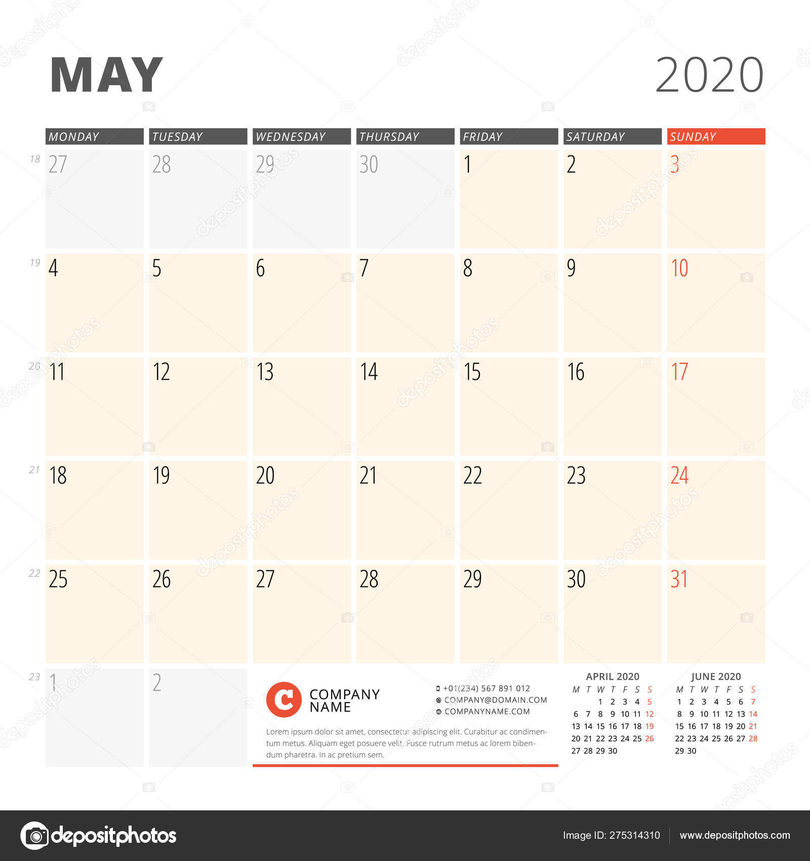 Calendar Planner For May 2020. Stationery Design Template