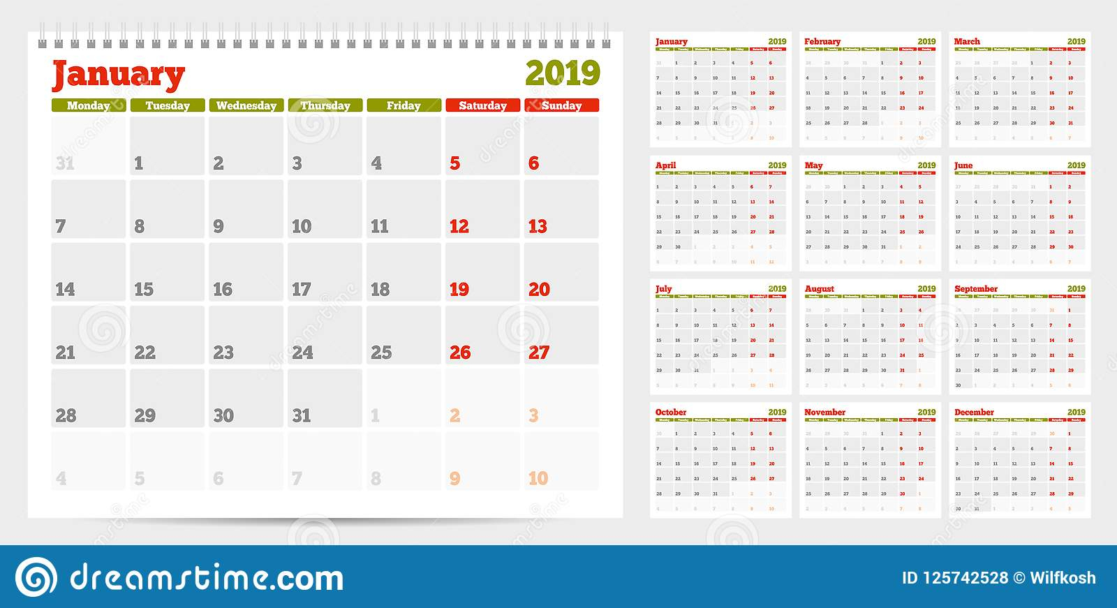 Calendar Planner Template 2019. Week Start From Monday