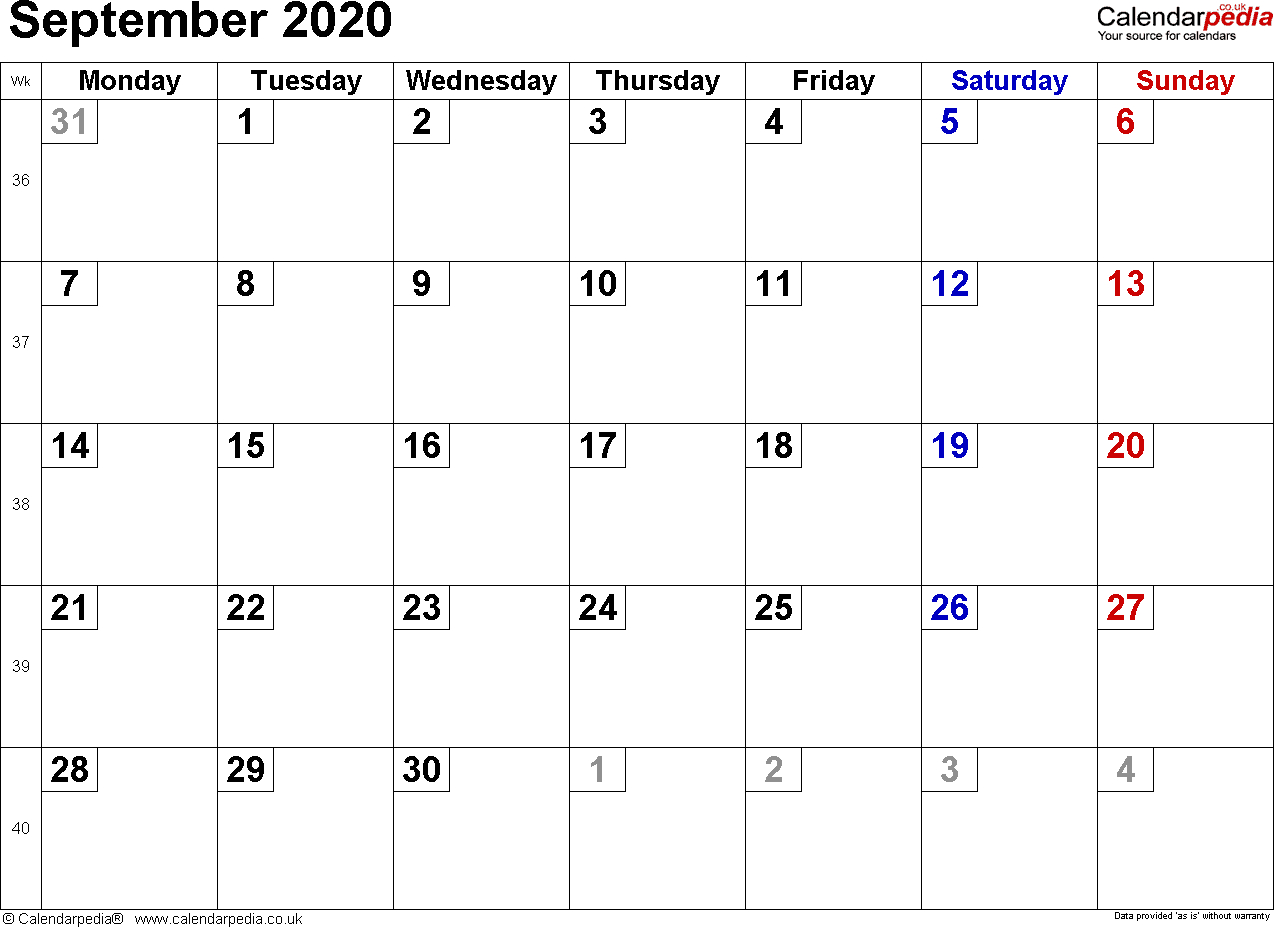 Calendar September 2020 Uk, Bank Holidays, Excel/pdf/word