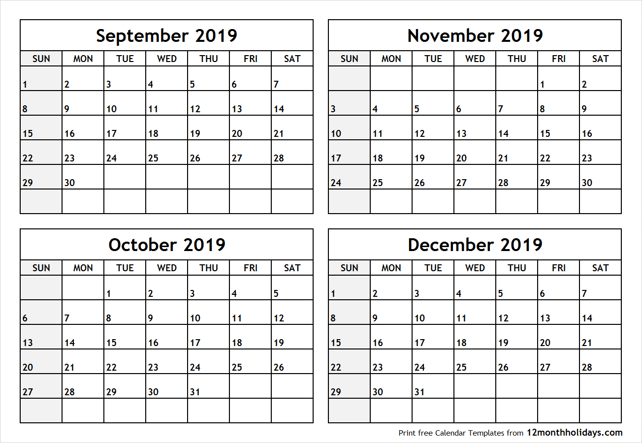 Calendar-September-To-December-2019-Printable - All 12 Month