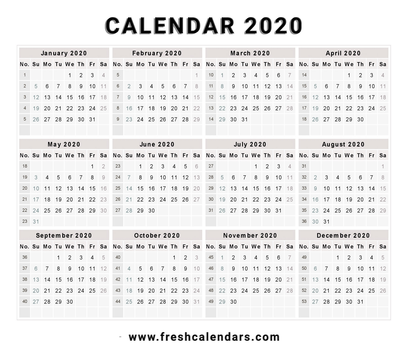 Calendar Template 2020 | One Page Calendar Printable