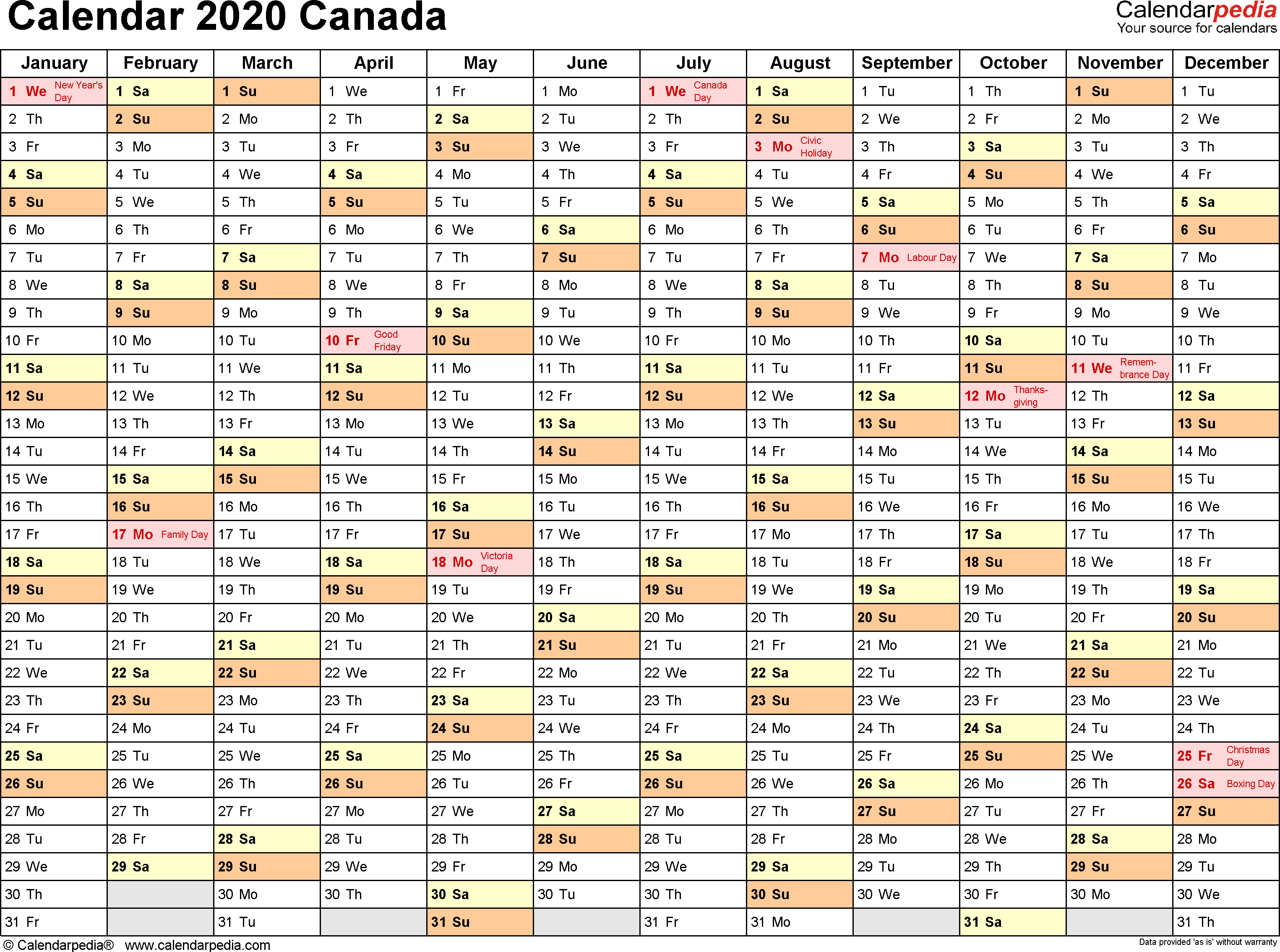 Canada Calendar 2020 - Free Printable Pdf Templates