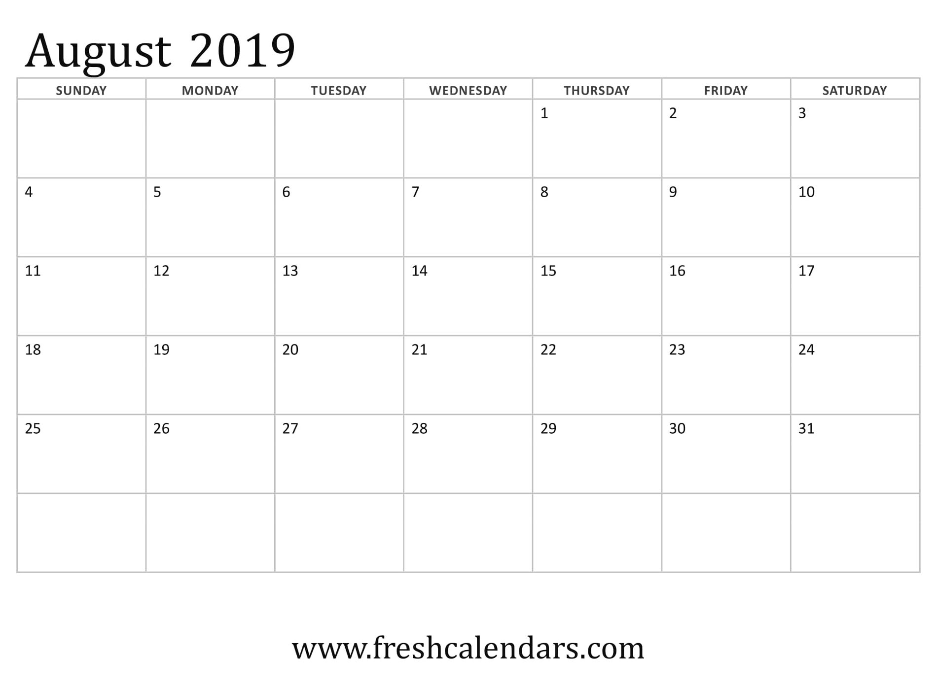 Catch August 2019 Monthly Monday Through Friday Calendar