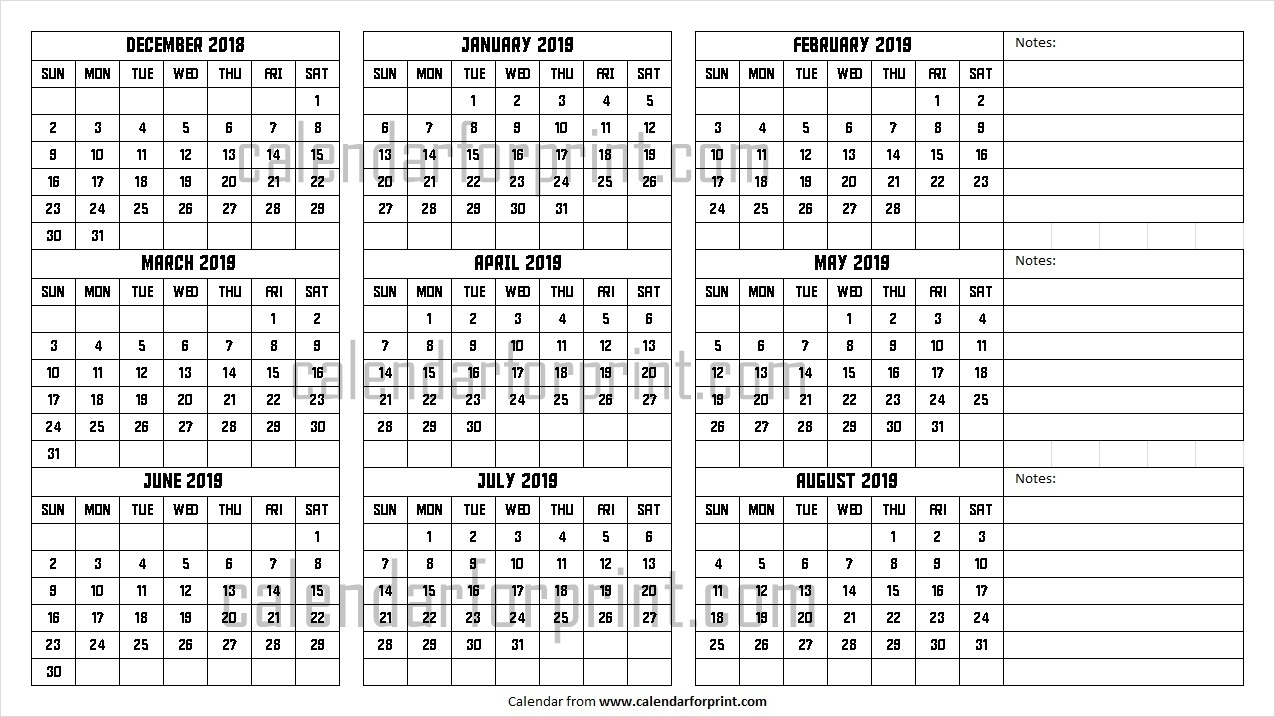Catch August - December 2019 Monthly Calendar Printable