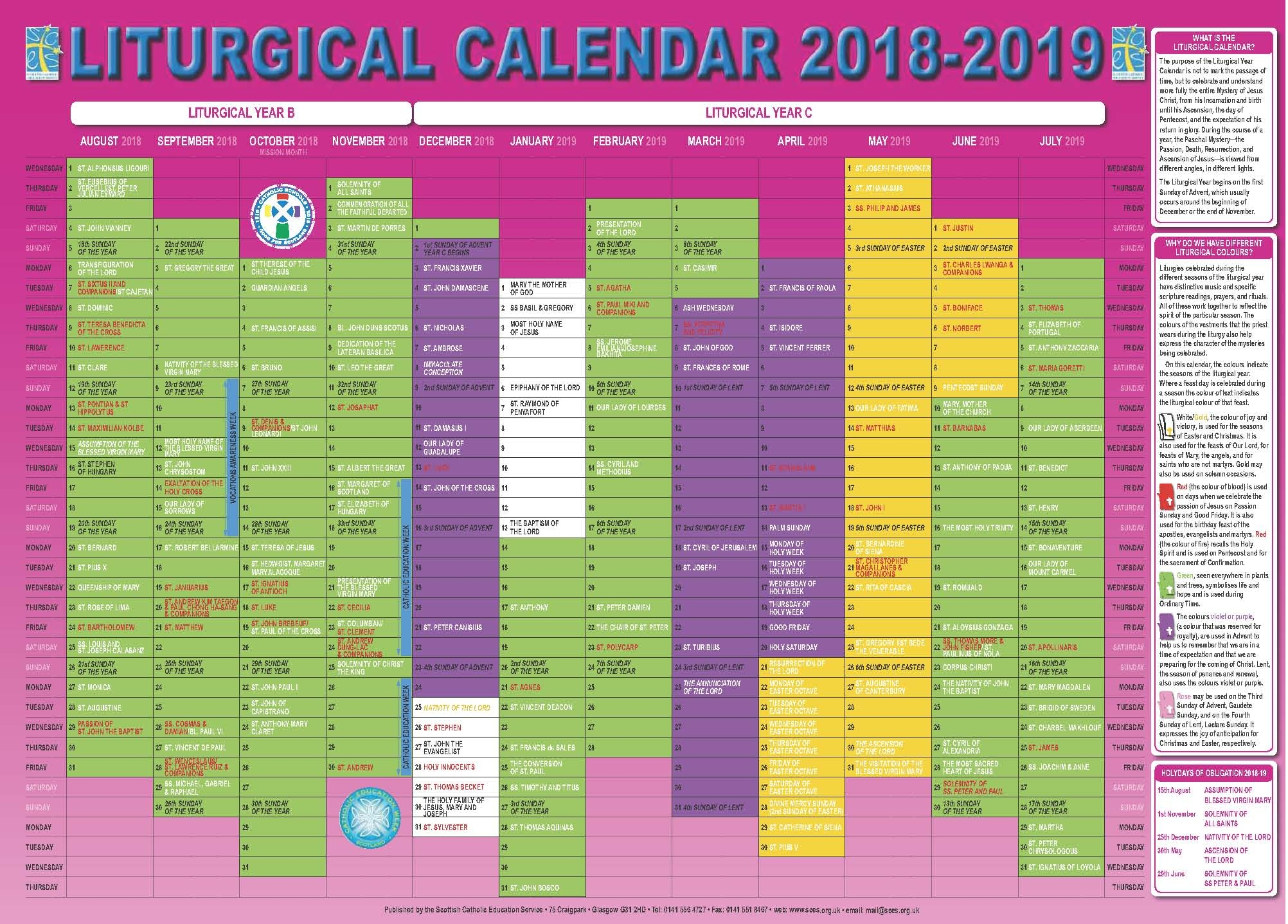 Catholic Calendar 2019 | Isacl