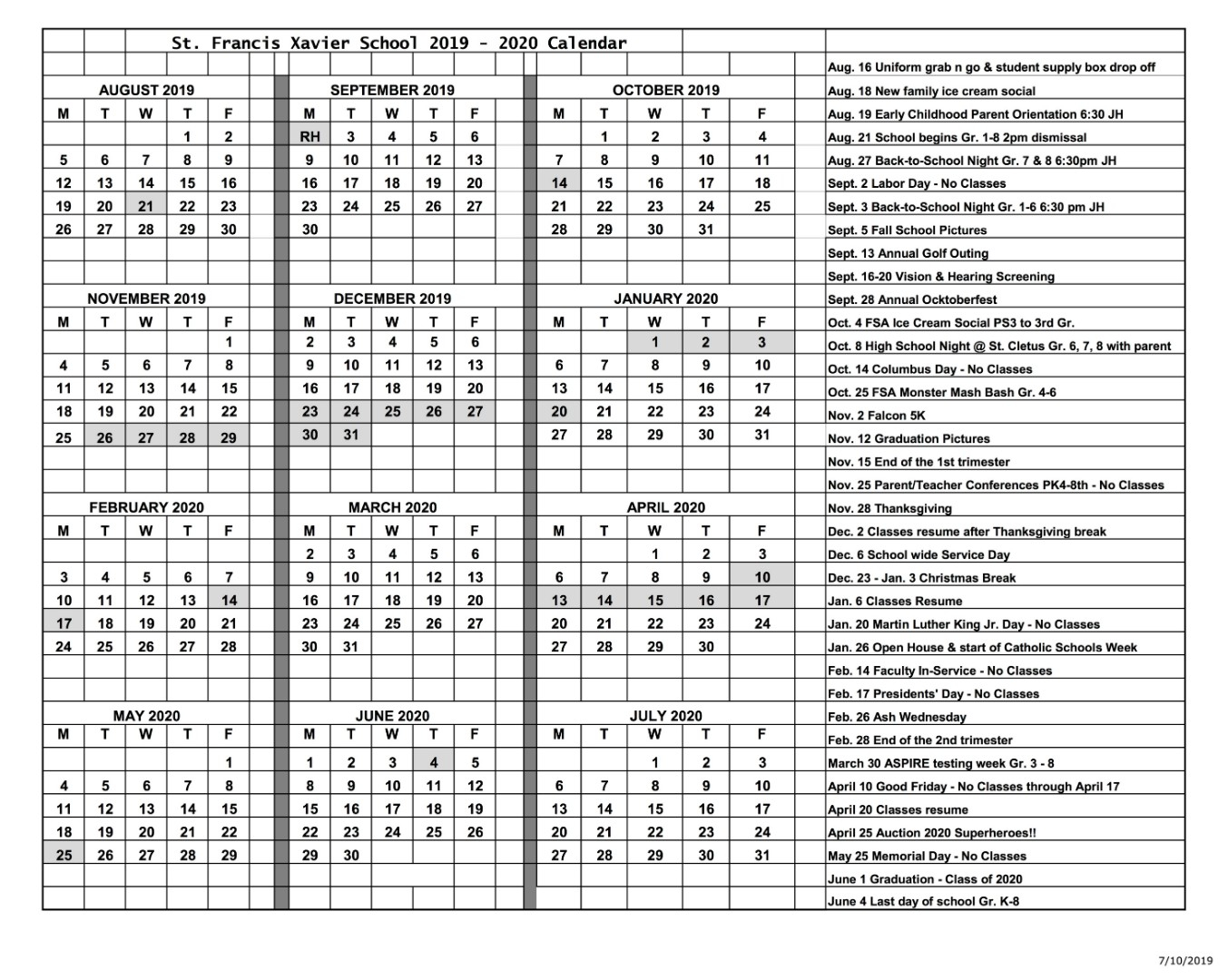 Catholic Liturgical Calendar 2020