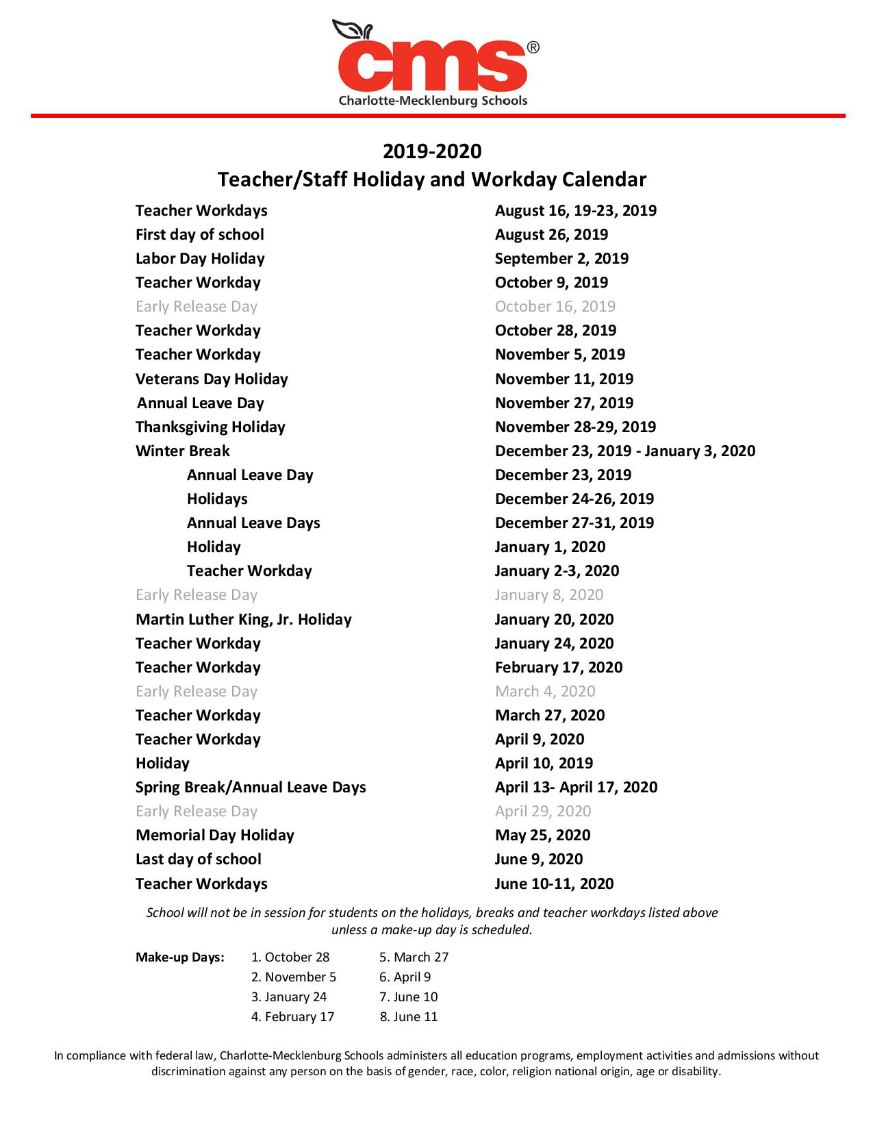 Cms School Calendar With Holidays Images Pictures