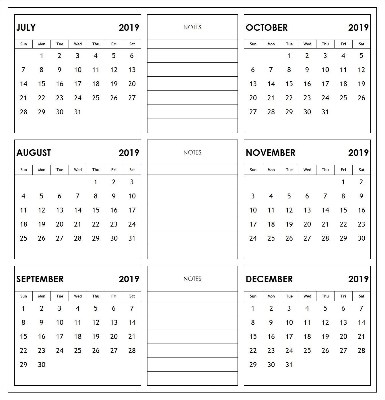 Collect Printable August Through December 2019 Calendars