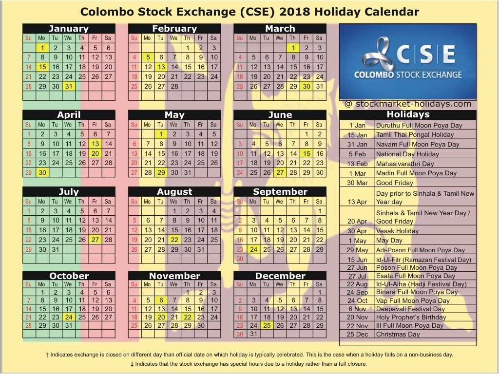 Colombo Stock Exchange 2018 / 2019 Holidays : Cse Holidays