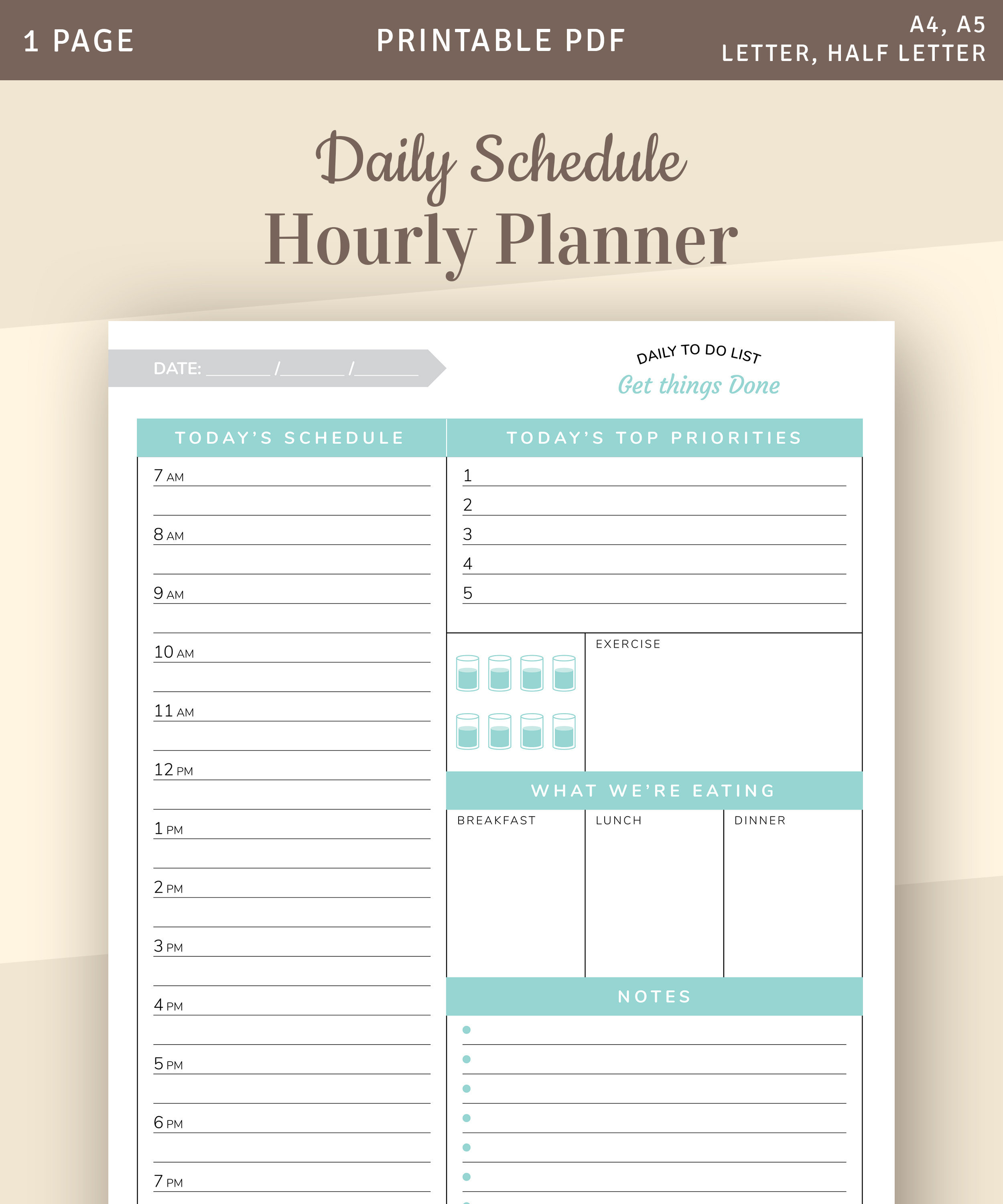 Daily Planner 2019 2020, Daily Planner Printable Template With Top Daily  Priorities, Daily Schedule Hourly Planner, Agenda Template, Pdf