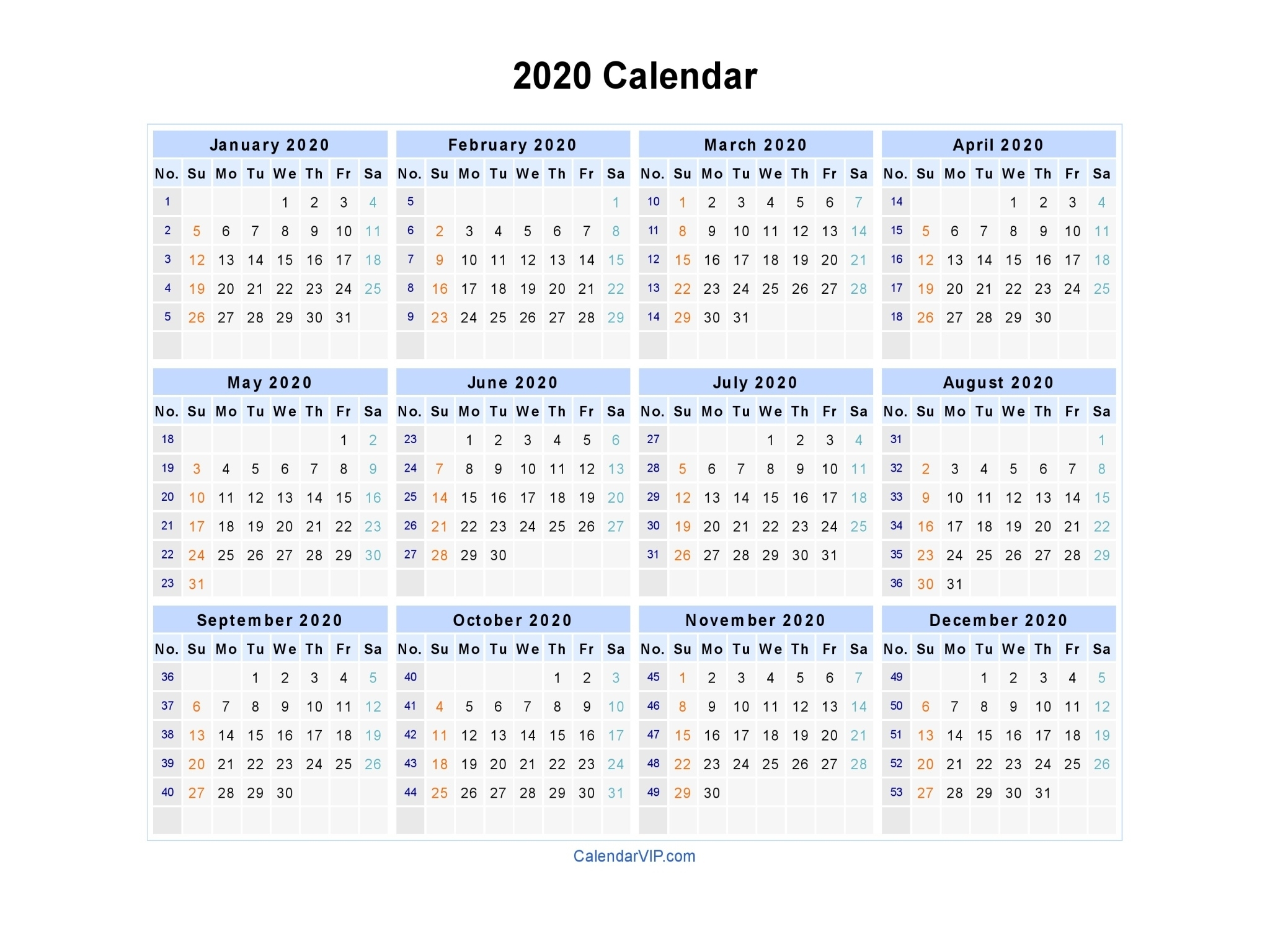 Dashing 2020 Calendar With Week Numbers • Printable Blank