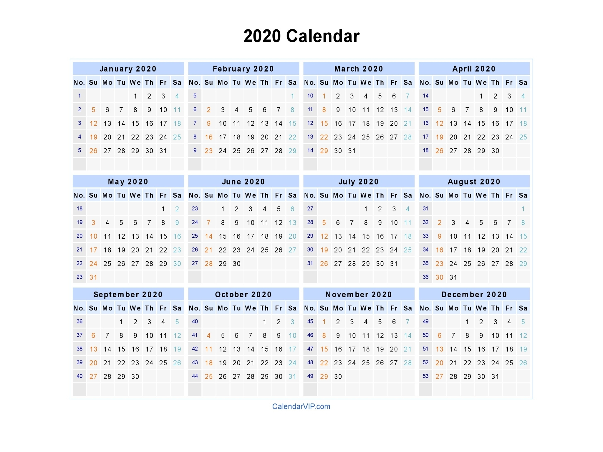 Calendar Templates 2020 Week Numbers