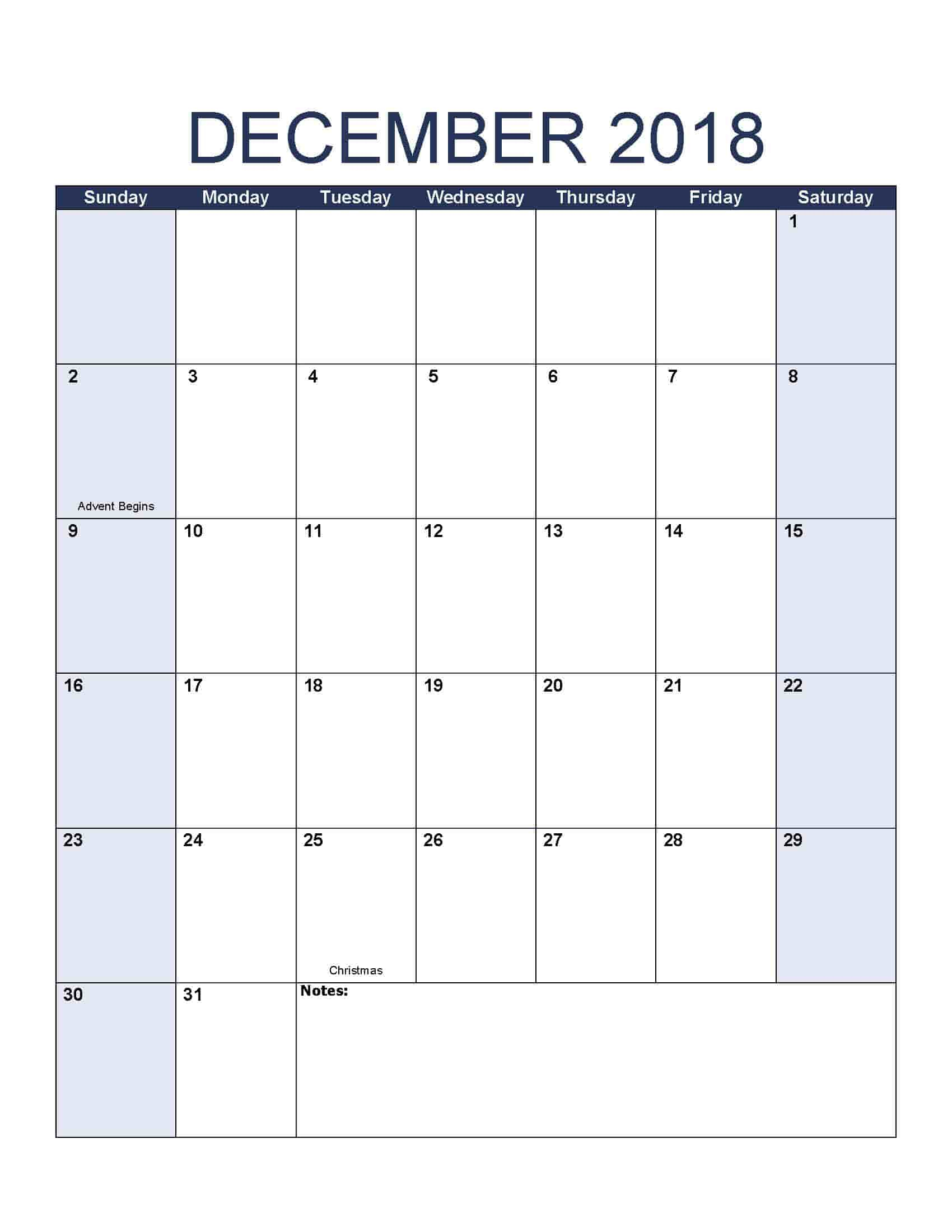 December 2018 Calendar - Free, Printable Calendar Templates