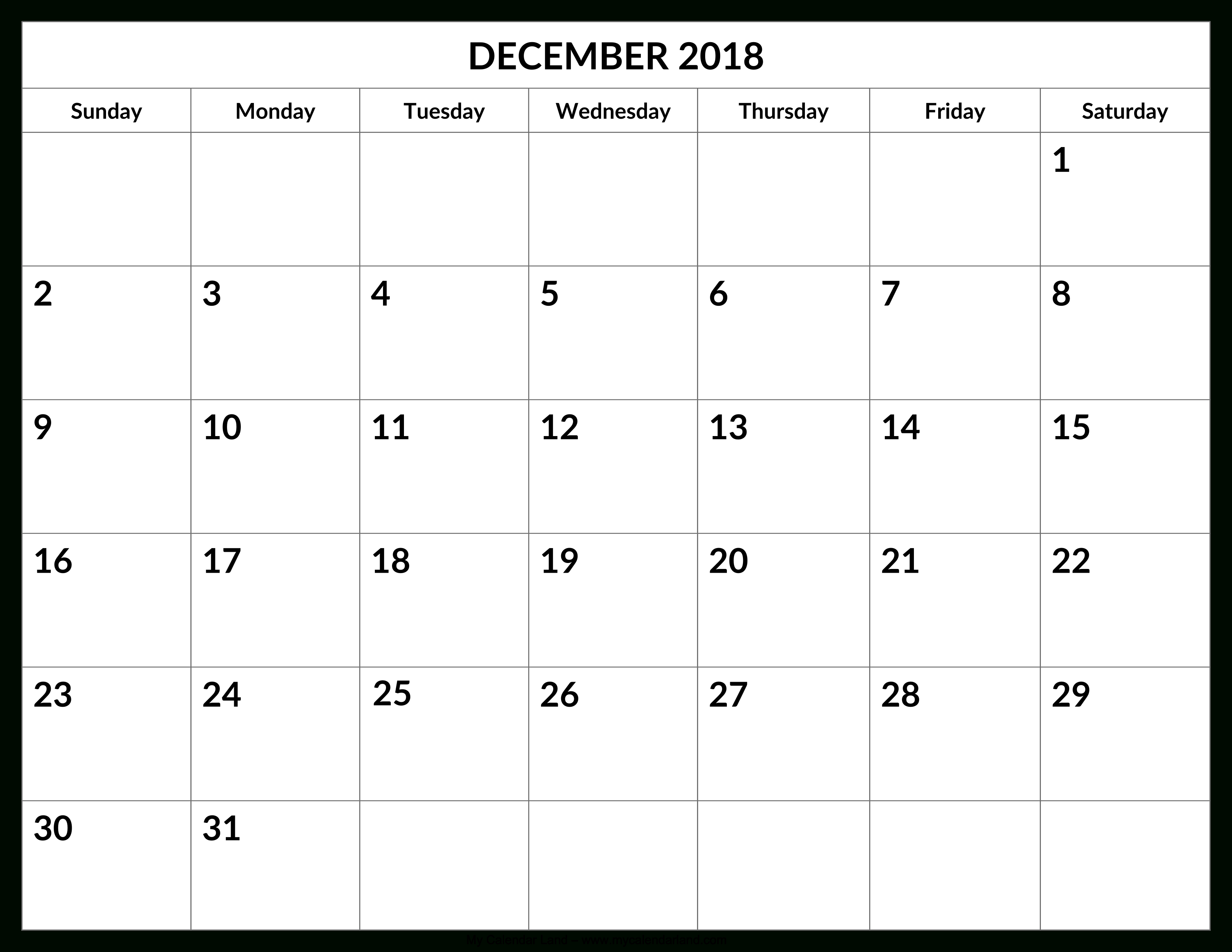 December 2018 Calendar - My Calendar Land