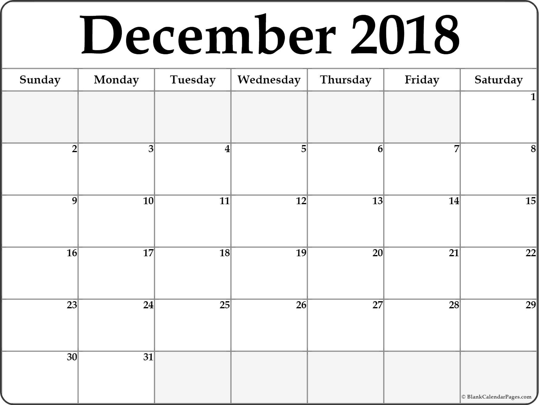 December 2018 Calendar Printable- Free Templates - Printable