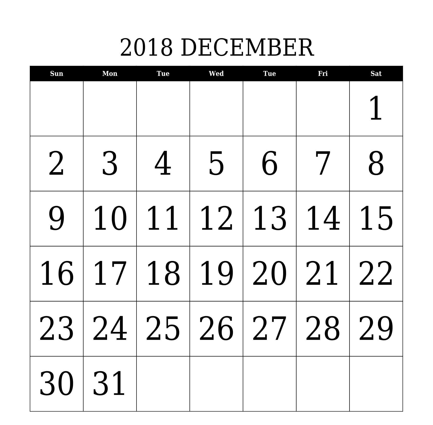 December 2018 Calendar Printable Large Date Font Size