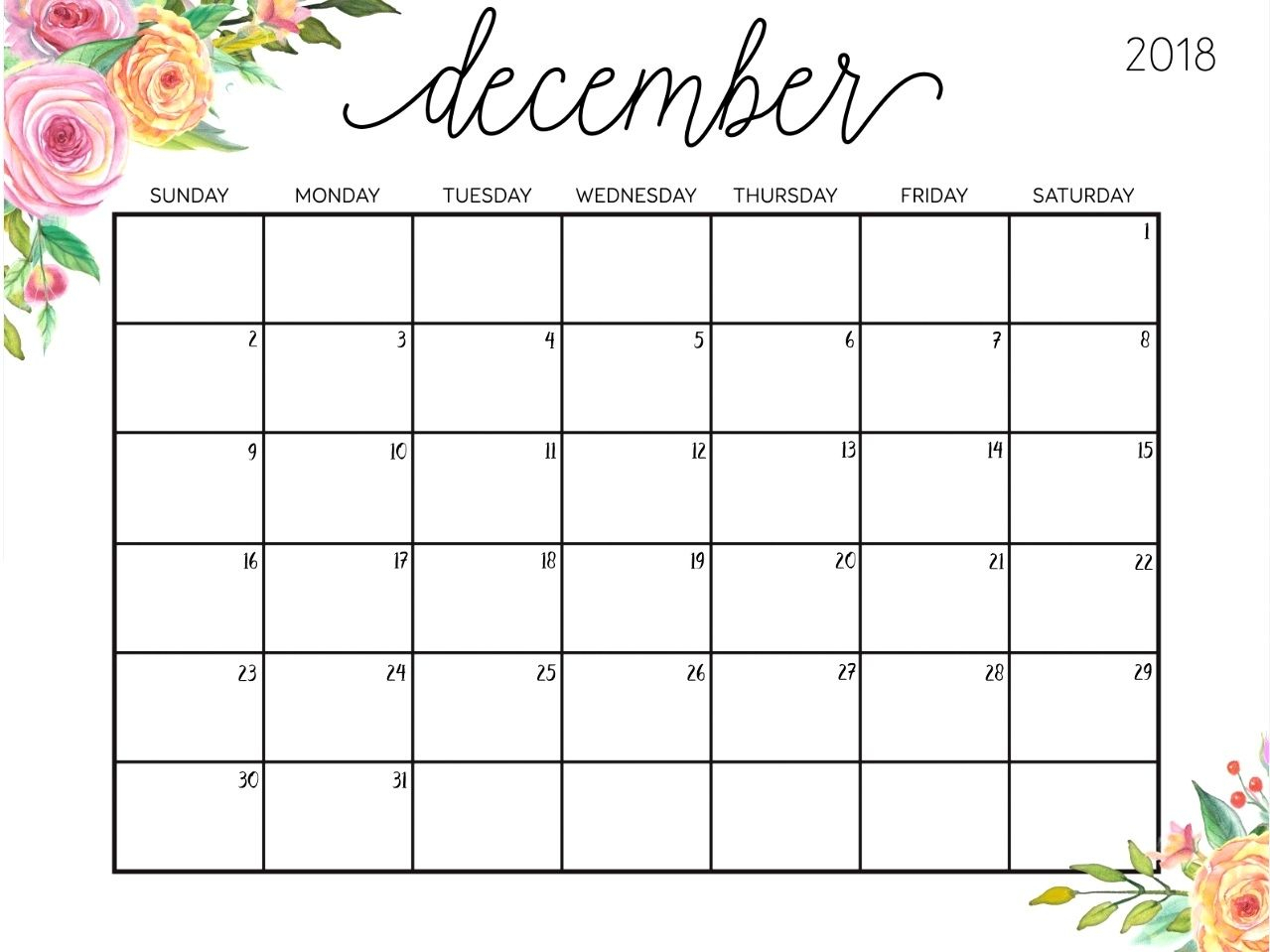 December 2018 Cute Calendar Printable Printable Calendar