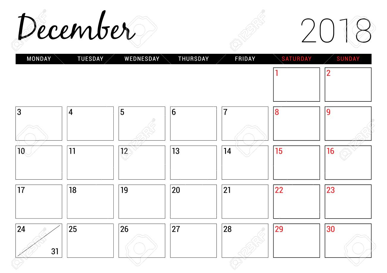 December 2018. Printable Calendar Planner Design Template. Week..